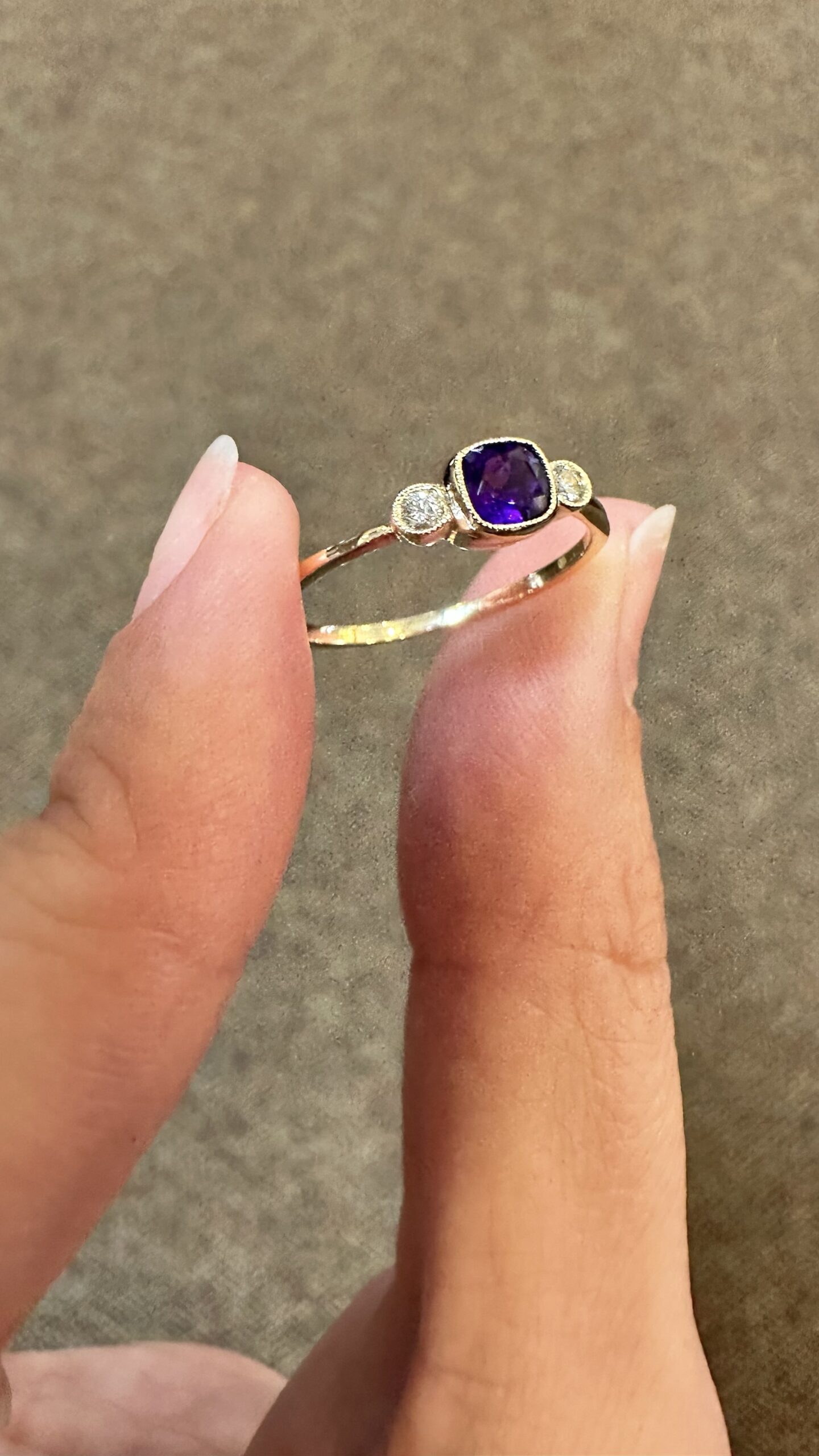 14k Yellow Gold Genuine .30 Cttw Amethyst & Diamond 3 Stone Ring - Image 4