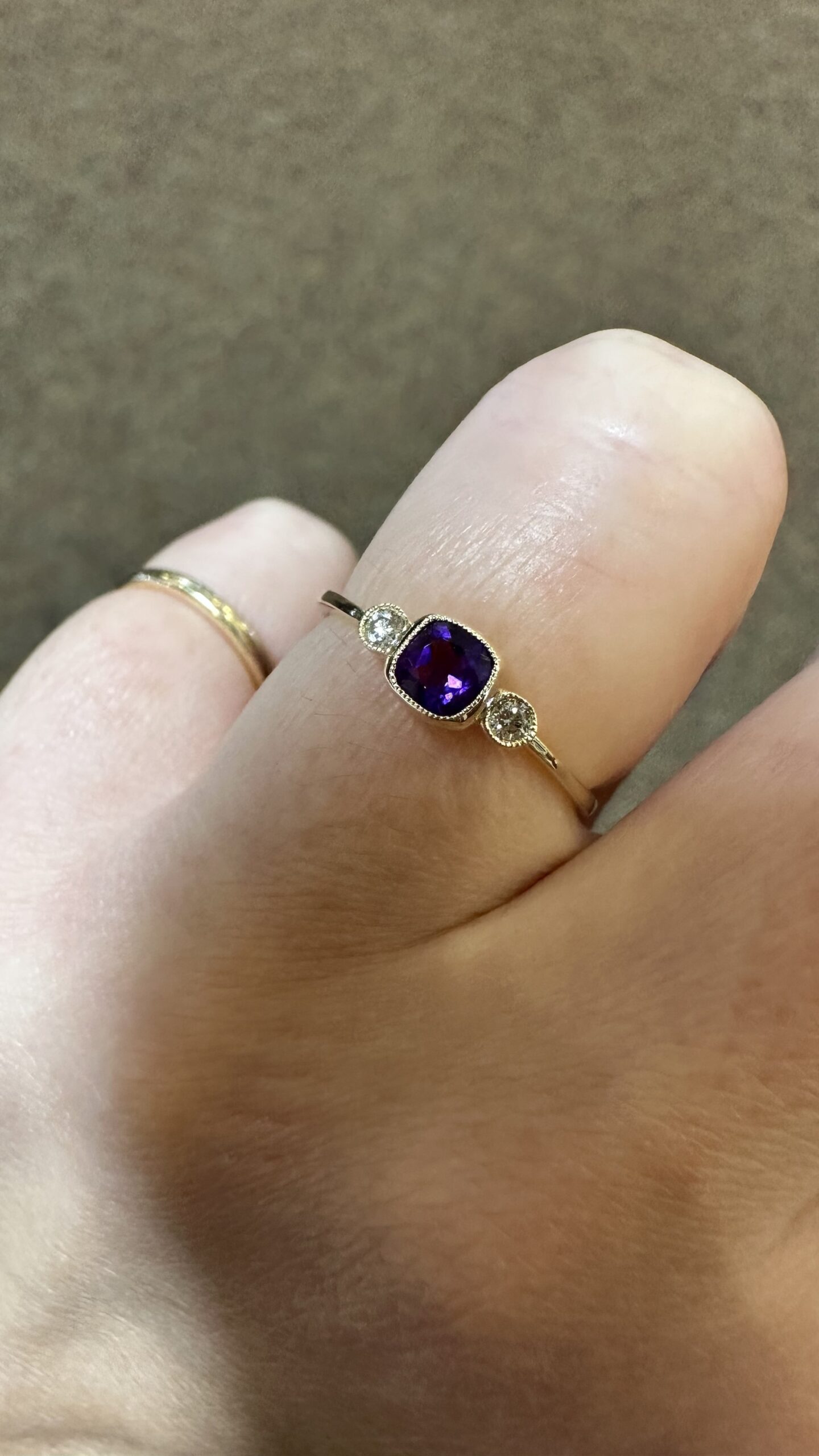 14k Yellow Gold Genuine .30 Cttw Amethyst & Diamond 3 Stone Ring - Image 6