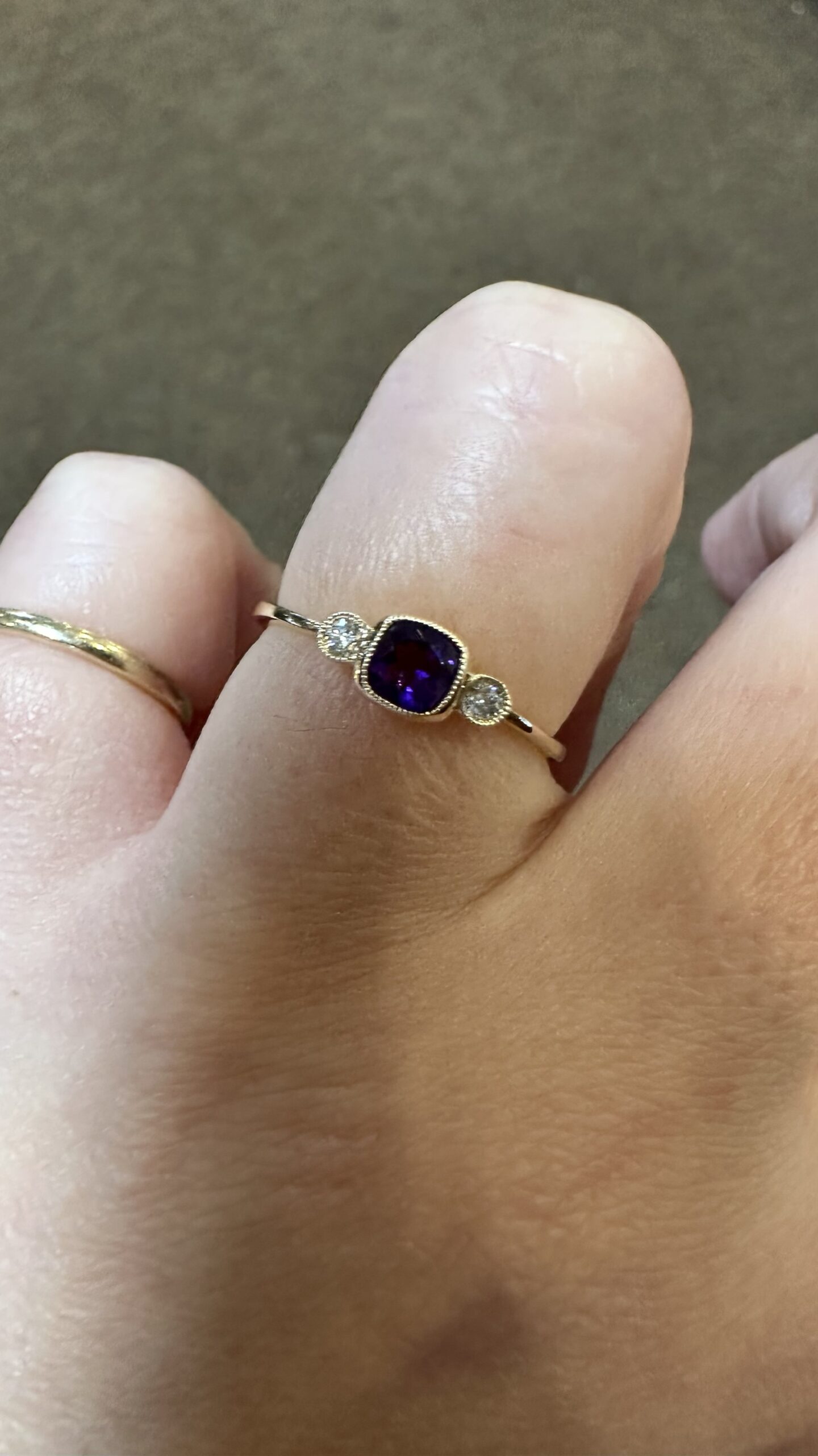 14k Yellow Gold Genuine .30 Cttw Amethyst & Diamond 3 Stone Ring - Image 5