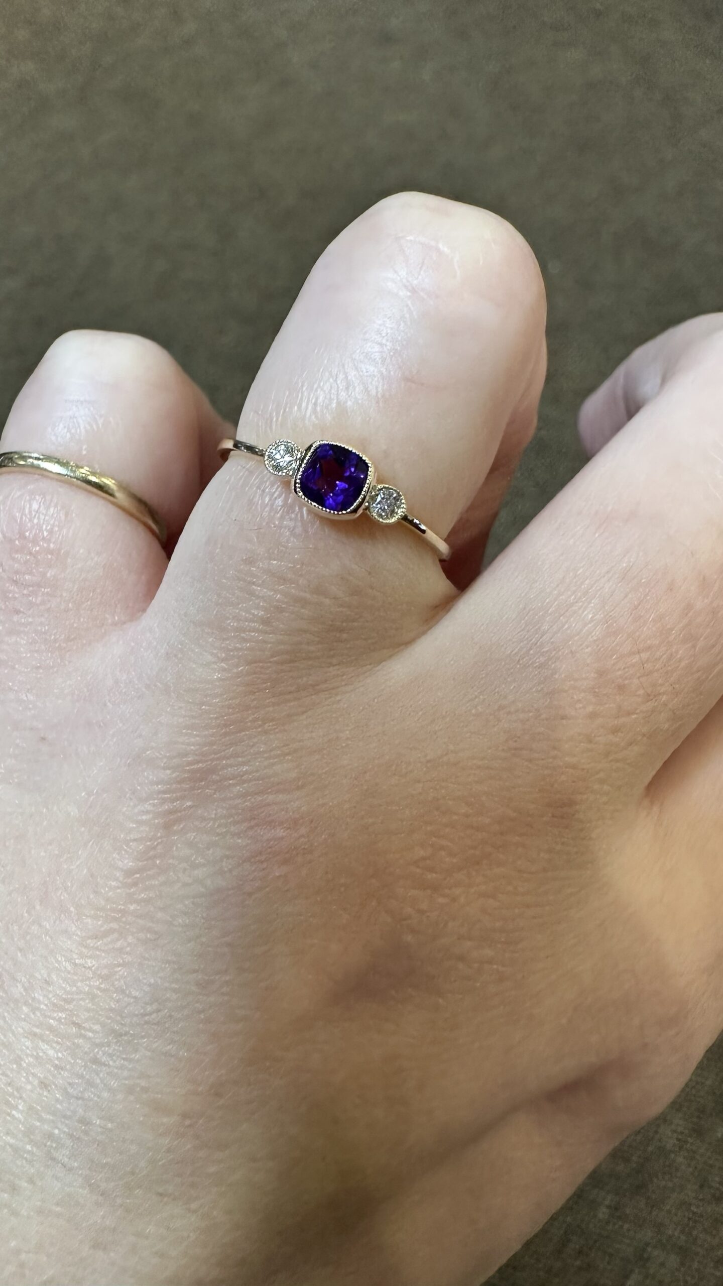 14k Yellow Gold Genuine .30 Cttw Amethyst & Diamond 3 Stone Ring - Image 9