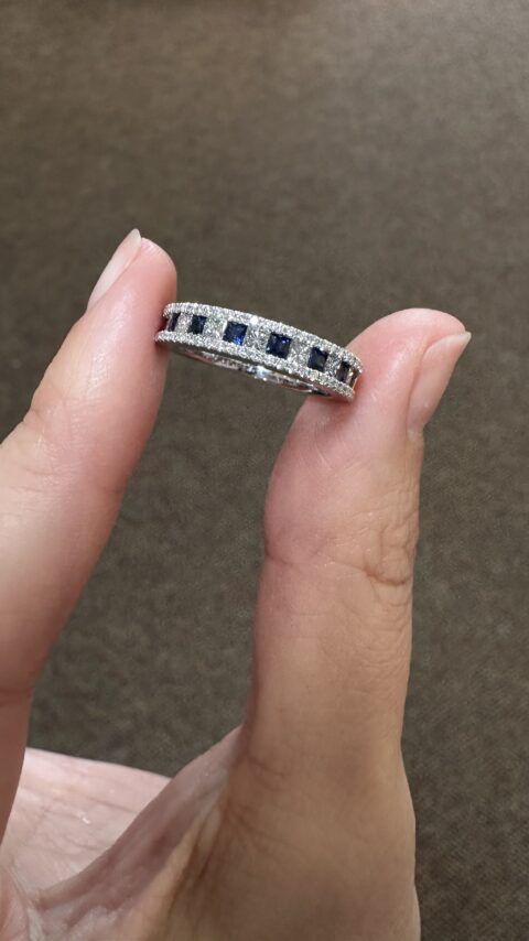 14k White Gold Genuine .45 Cttw Princess Cut Sapphire & .54 Cttw Princess & Round Brilliant Cut Diamond Band