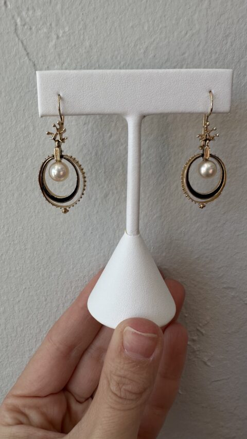 Antique 14k Yellow Gold 6.5 MM Cultured Pearl Dangle Earrings