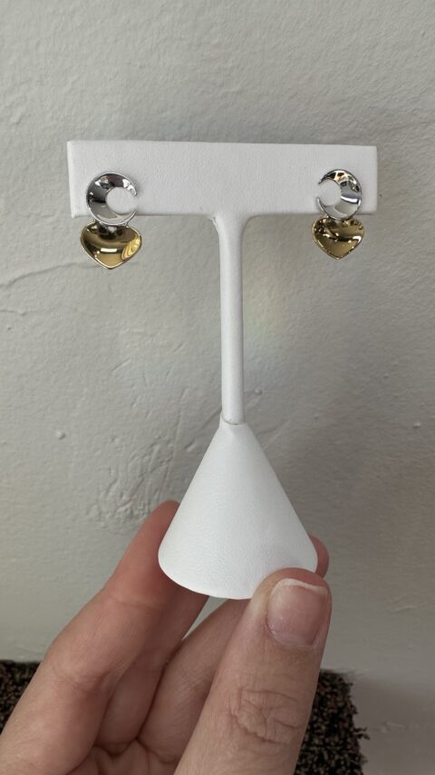 18k White & 18k Yellow Gold Crescent Moon & Heart Stud Earrings