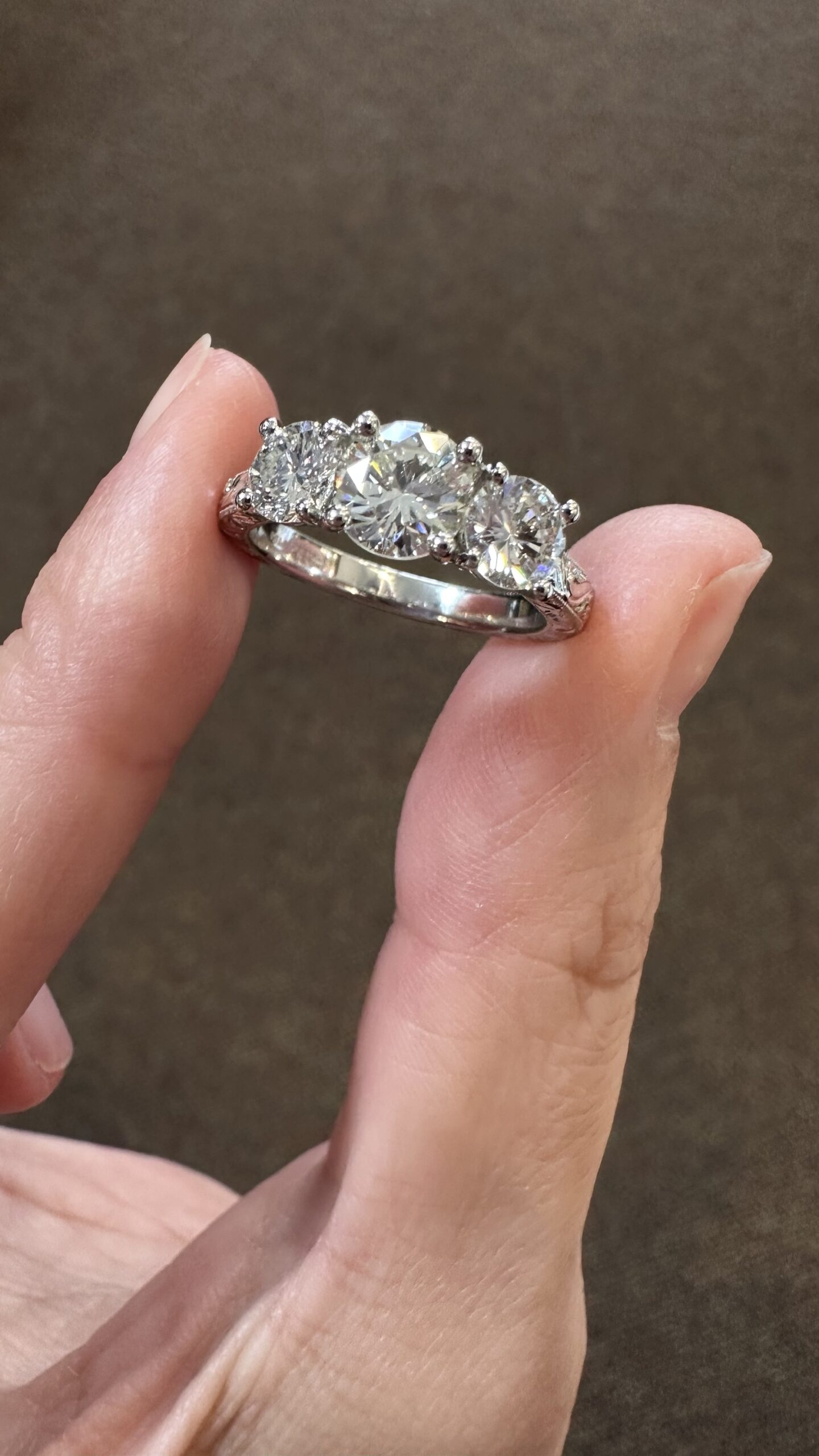 Custom Made Platinum Hand Engraved 1.98 Cttw Round Brilliant Cut Diamond Ring - Image 2