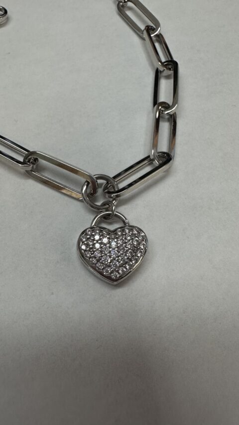 18k White Gold Open Oval Paperclip Link Style Bracelet With CZ Heart Dangle