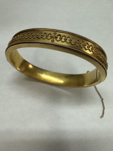 Antique Etruscan 9k Yellow Gold Hinged Bangle Bracelet