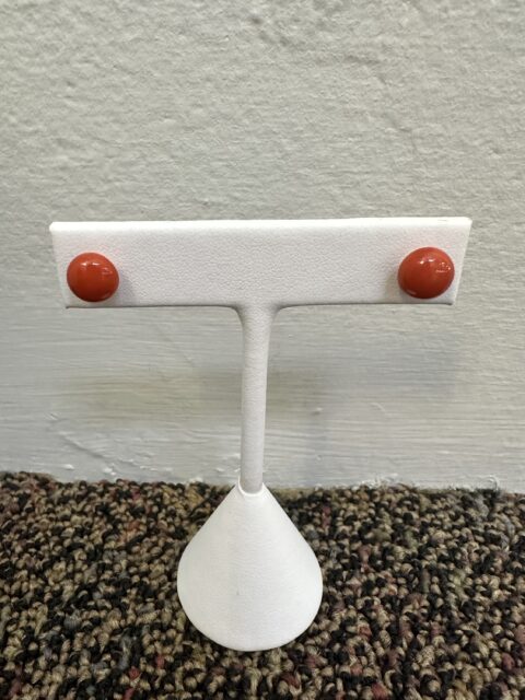 18k Yellow Gold 8 MM Red Coral Button Stud Earrings