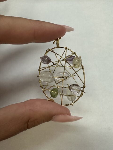 18k Yellow Gold Genuine Gemstone Birdcage Style Pendant