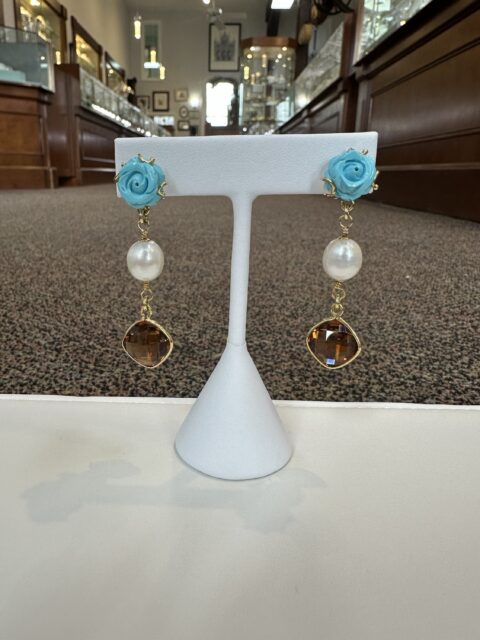 18k Yellow Gold Genuine Turquoise, Pearl & Citrine Post & Clip Earrings