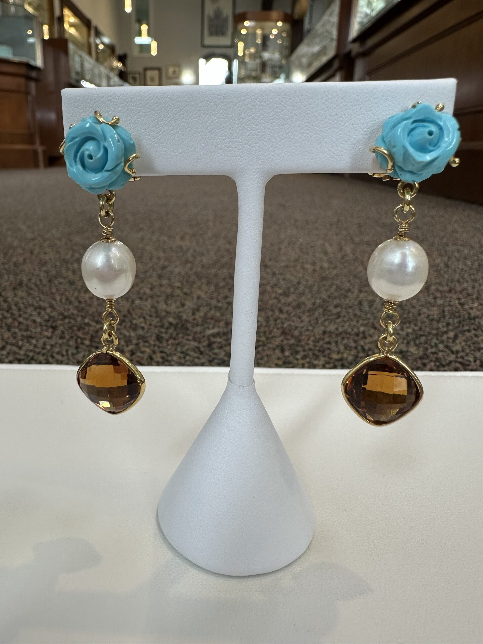 18k Yellow Gold Genuine Turquoise, Pearl & Citrine Post & Clip Earrings - Image 2