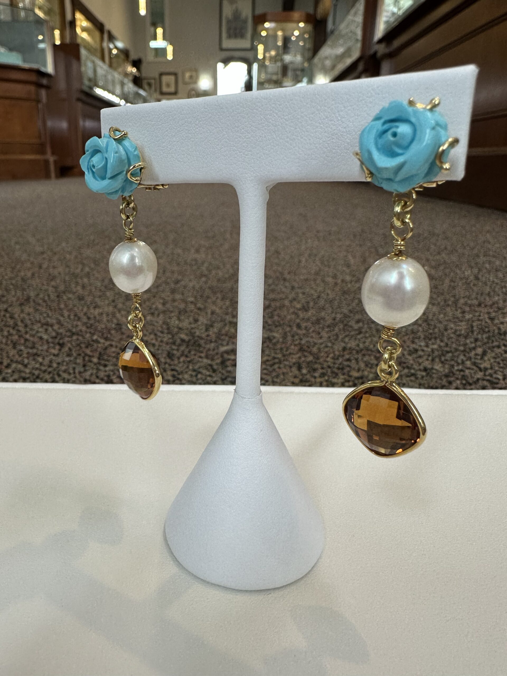 18k Yellow Gold Genuine Turquoise, Pearl & Citrine Post & Clip Earrings - Image 7