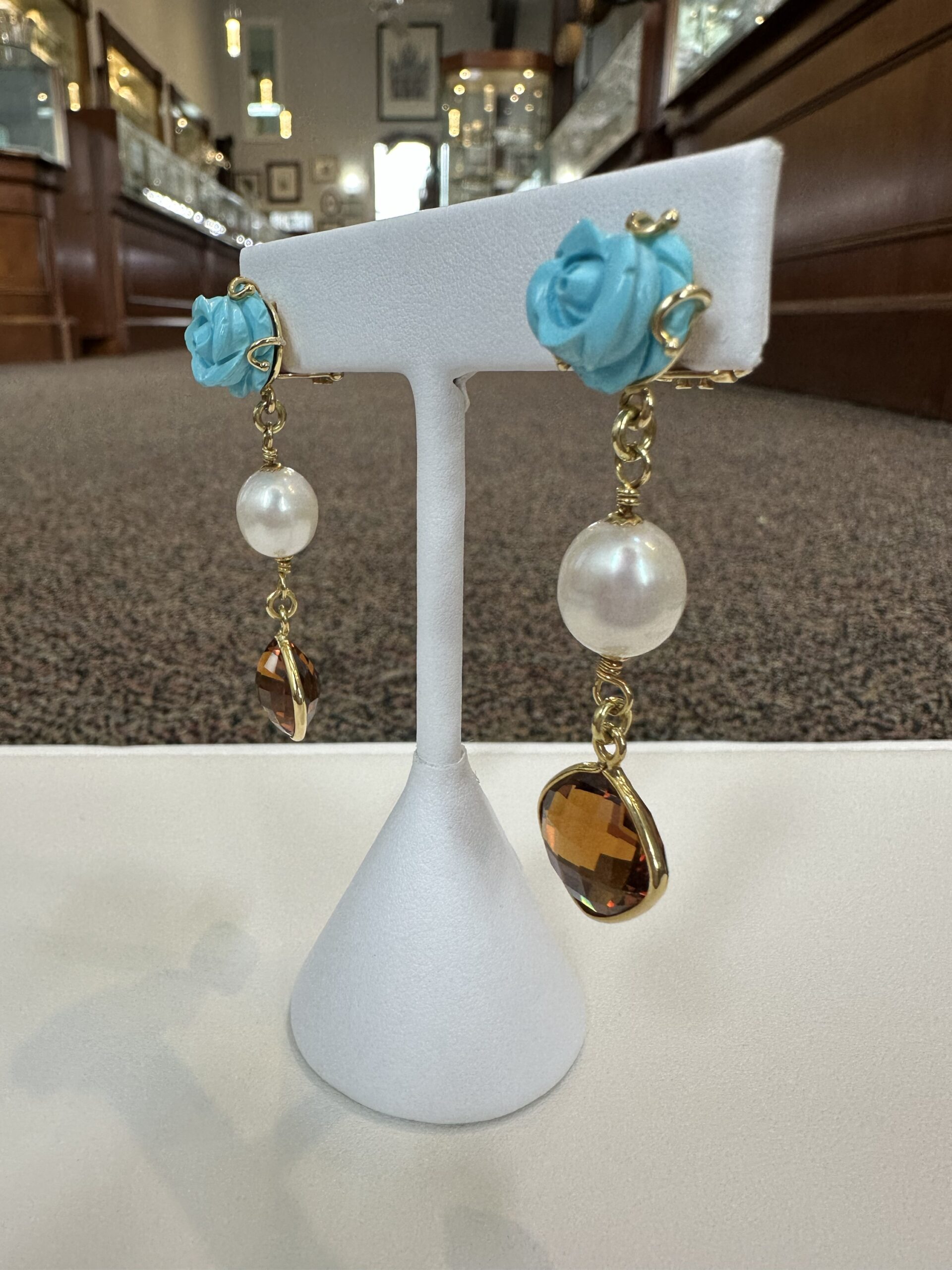 18k Yellow Gold Genuine Turquoise, Pearl & Citrine Post & Clip Earrings - Image 8