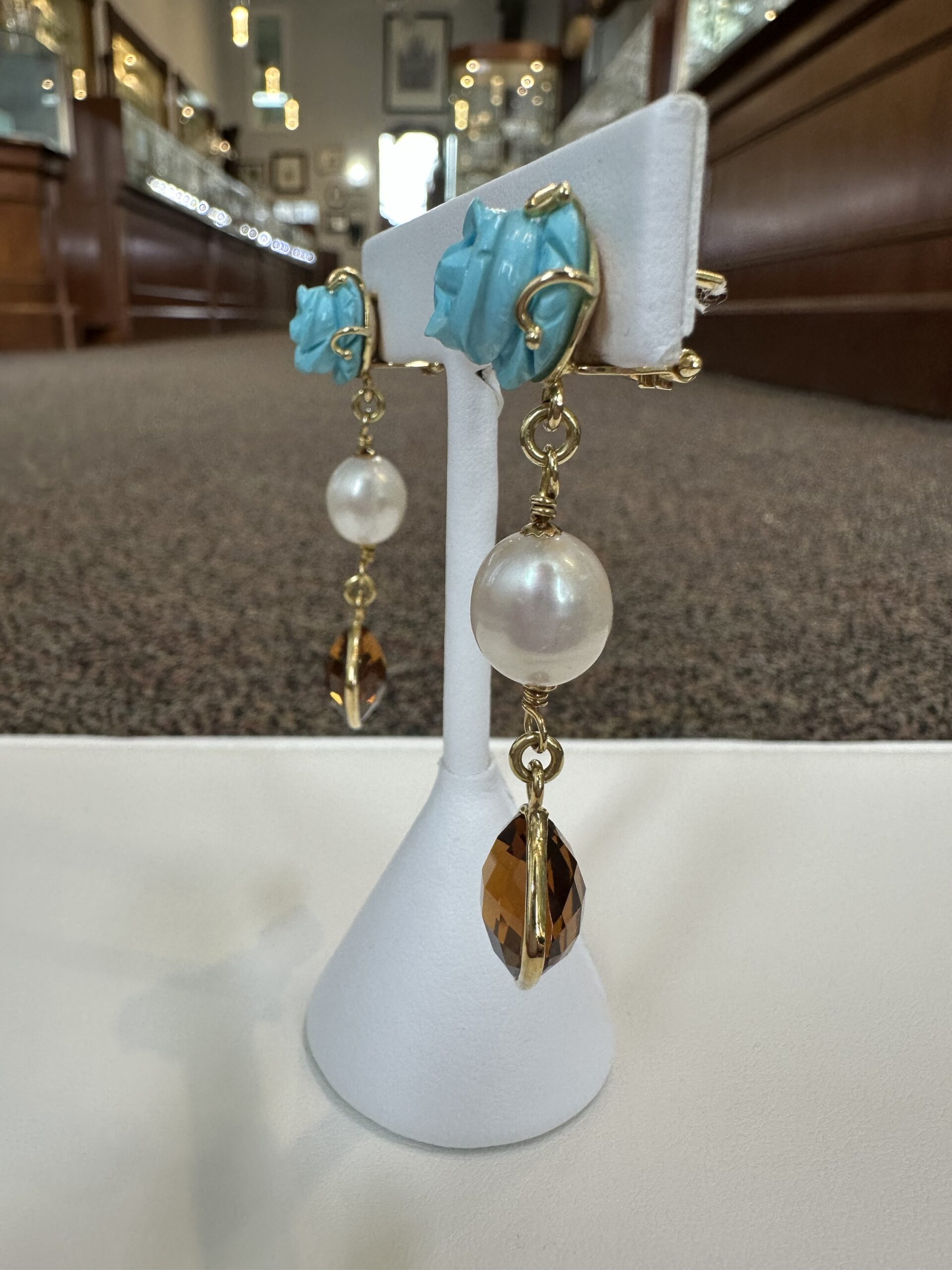 18k Yellow Gold Genuine Turquoise, Pearl & Citrine Post & Clip Earrings - Image 9