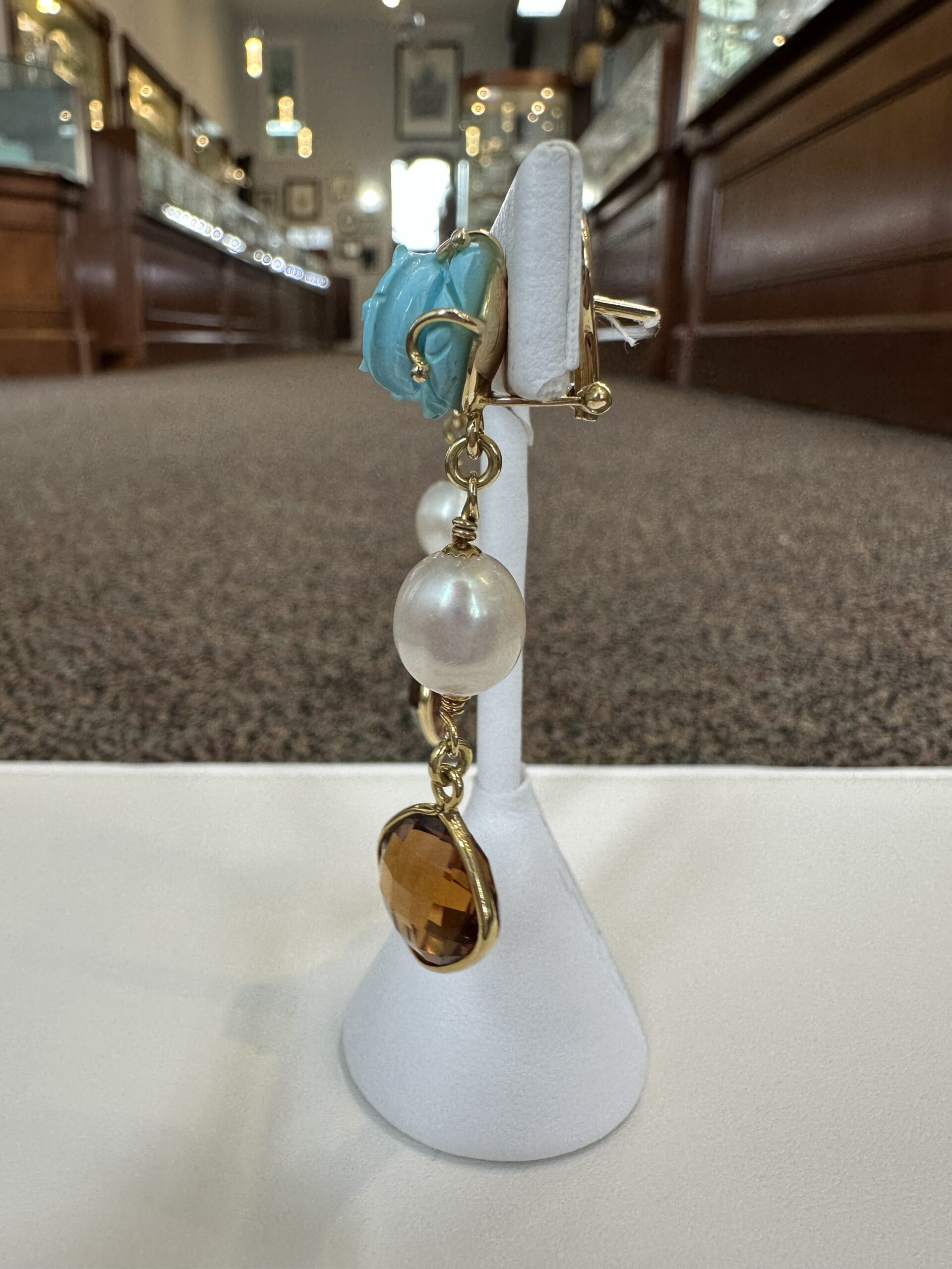 18k Yellow Gold Genuine Turquoise, Pearl & Citrine Post & Clip Earrings - Image 10