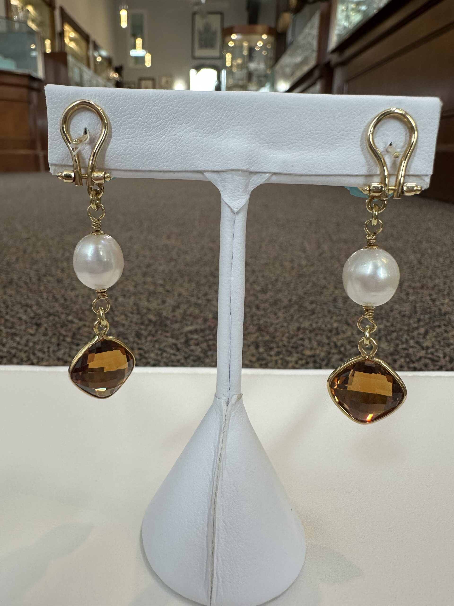 18k Yellow Gold Genuine Turquoise, Pearl & Citrine Post & Clip Earrings - Image 6