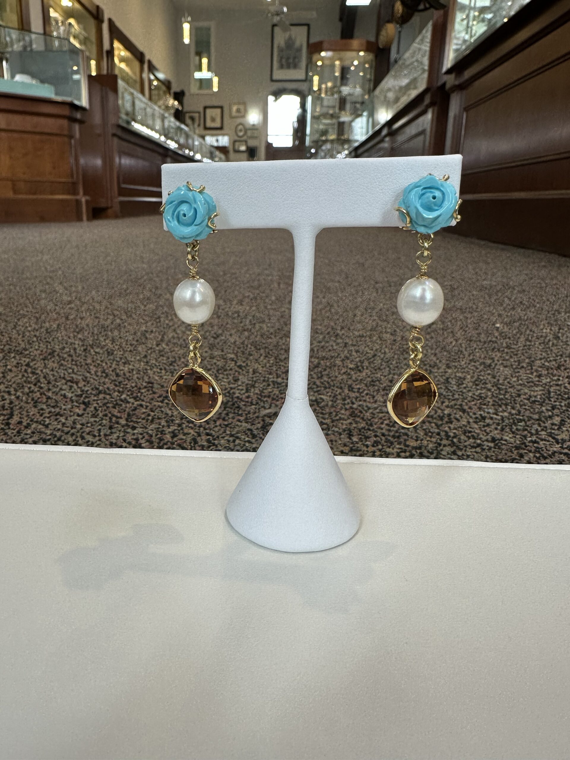 18k Yellow Gold Genuine Turquoise, Pearl & Citrine Post & Clip Earrings - Image 4