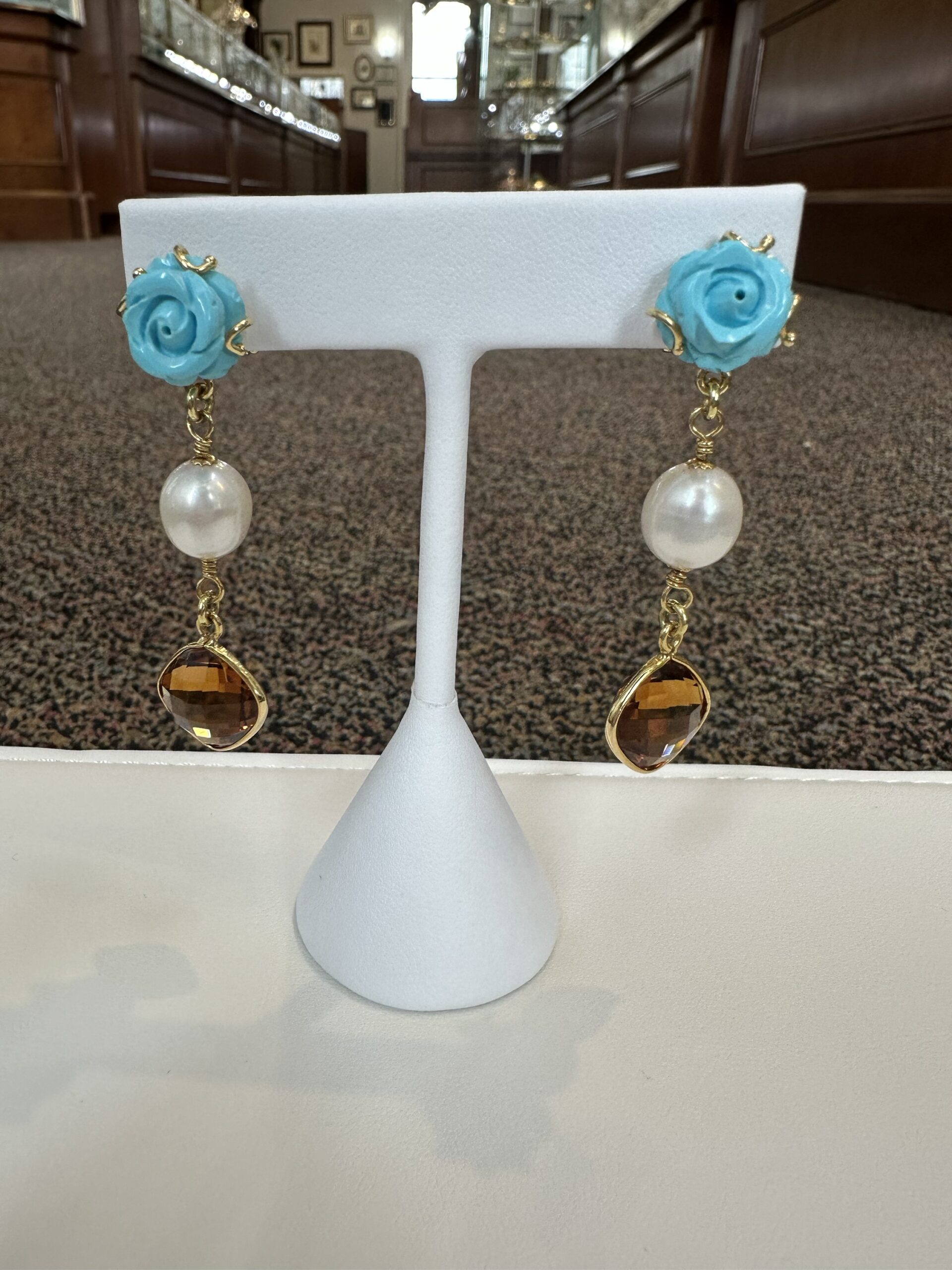 18k Yellow Gold Genuine Turquoise, Pearl & Citrine Post & Clip Earrings - Image 3