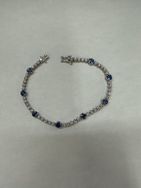 14k White Gold Genuine 2.39 Cttw Ceylon Sapphire & 1.80 Cttw Genuine Round Brilliant Cut Diamond Bracelet