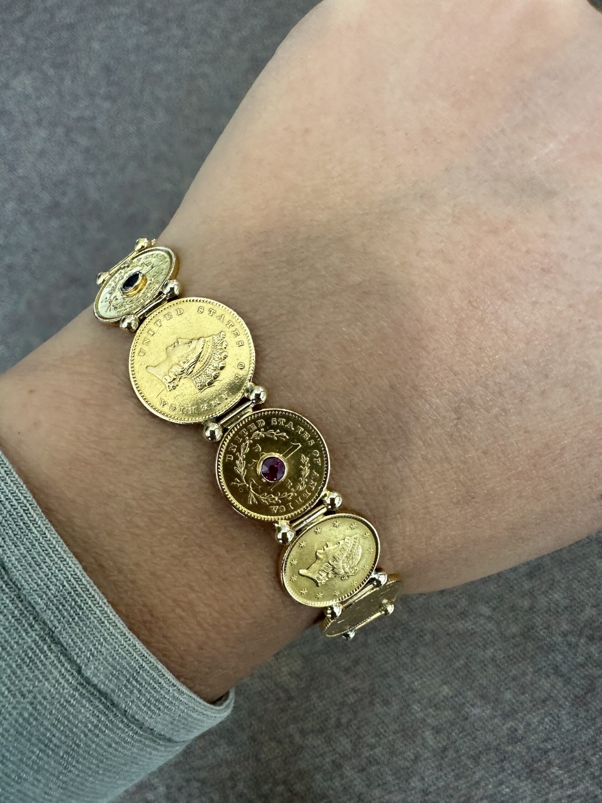 Antique Genuine $1 Gold Coin Bracelet With Genuine Gemstone Accents - Image 19