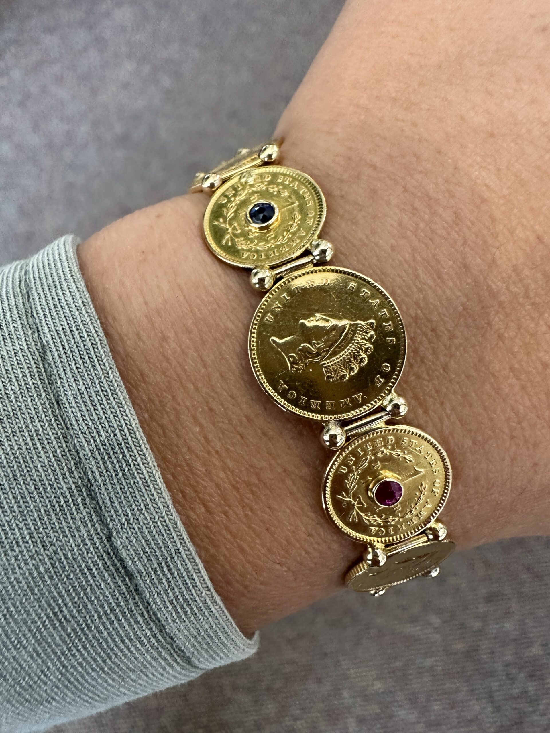 Antique Genuine $1 Gold Coin Bracelet With Genuine Gemstone Accents - Image 28