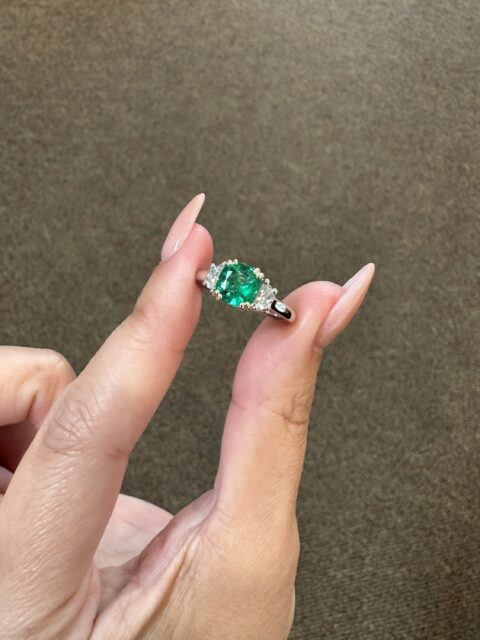 Custom Made Platinum & 14k Yellow Gold Genuine 1.41 Carat Zambian Emerald & Half Moon Diamond Ring