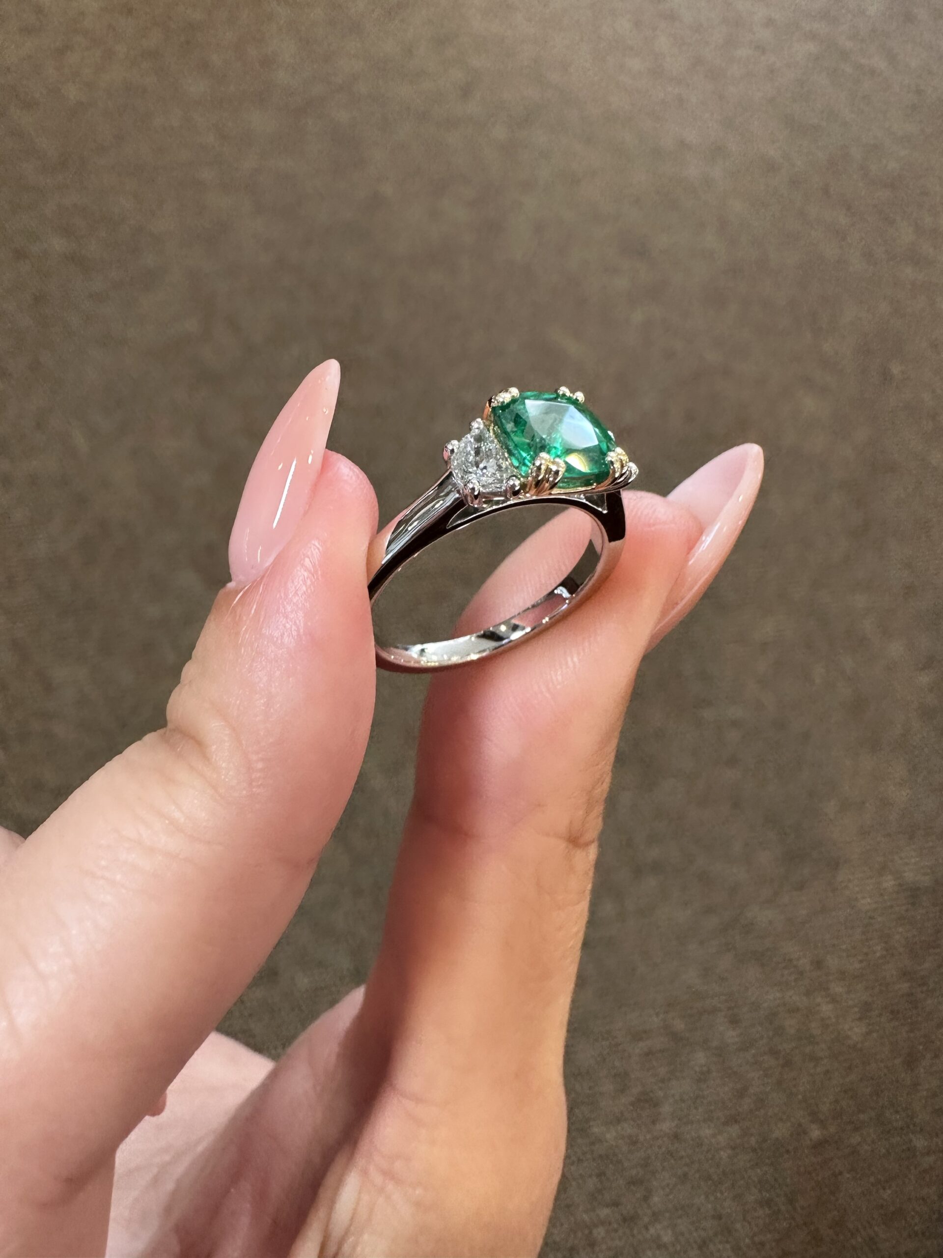 Custom Made Platinum & 14k Yellow Gold Genuine 1.41 Carat Zambian Emerald & Half Moon Diamond Ring - Image 7