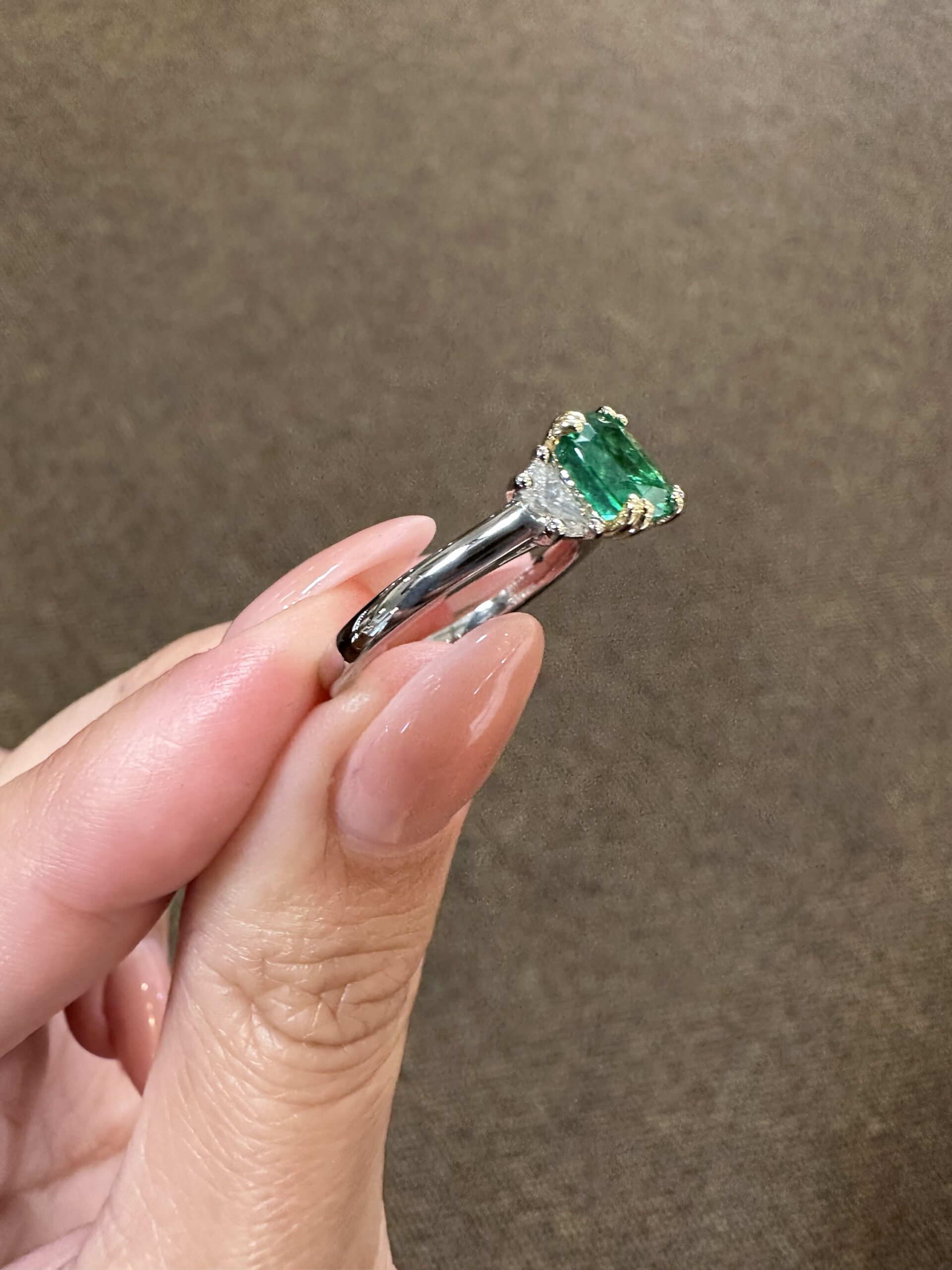 Custom Made Platinum & 14k Yellow Gold Genuine 1.41 Carat Zambian Emerald & Half Moon Diamond Ring - Image 10