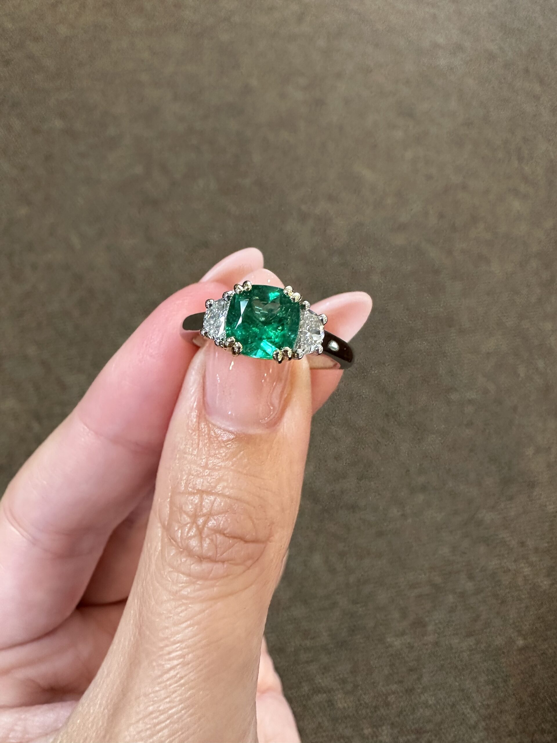 Custom Made Platinum & 14k Yellow Gold Genuine 1.41 Carat Zambian Emerald & Half Moon Diamond Ring - Image 11