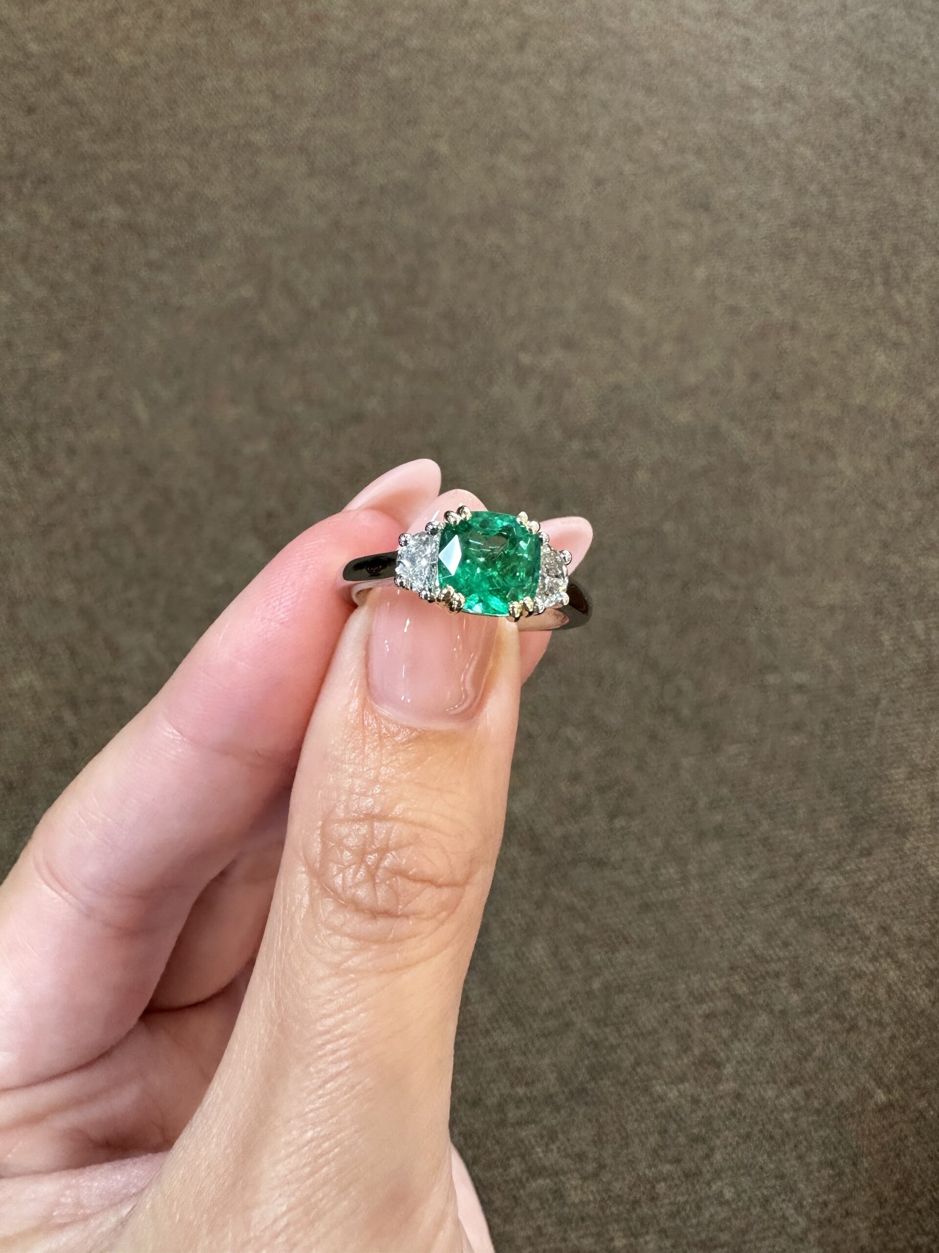 Custom Made Platinum & 14k Yellow Gold Genuine 1.41 Carat Zambian Emerald & Half Moon Diamond Ring - Image 12