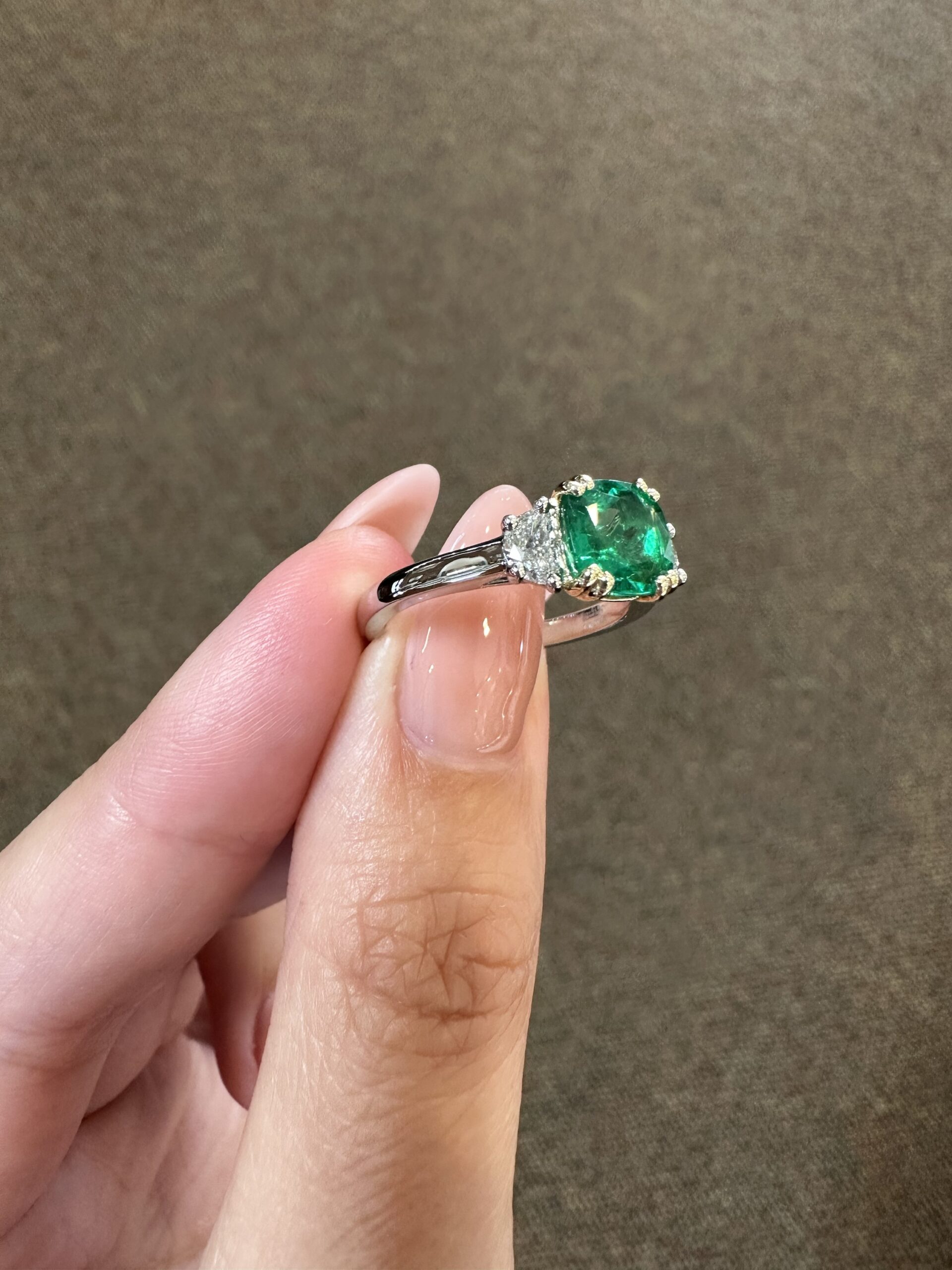 Custom Made Platinum & 14k Yellow Gold Genuine 1.41 Carat Zambian Emerald & Half Moon Diamond Ring - Image 14