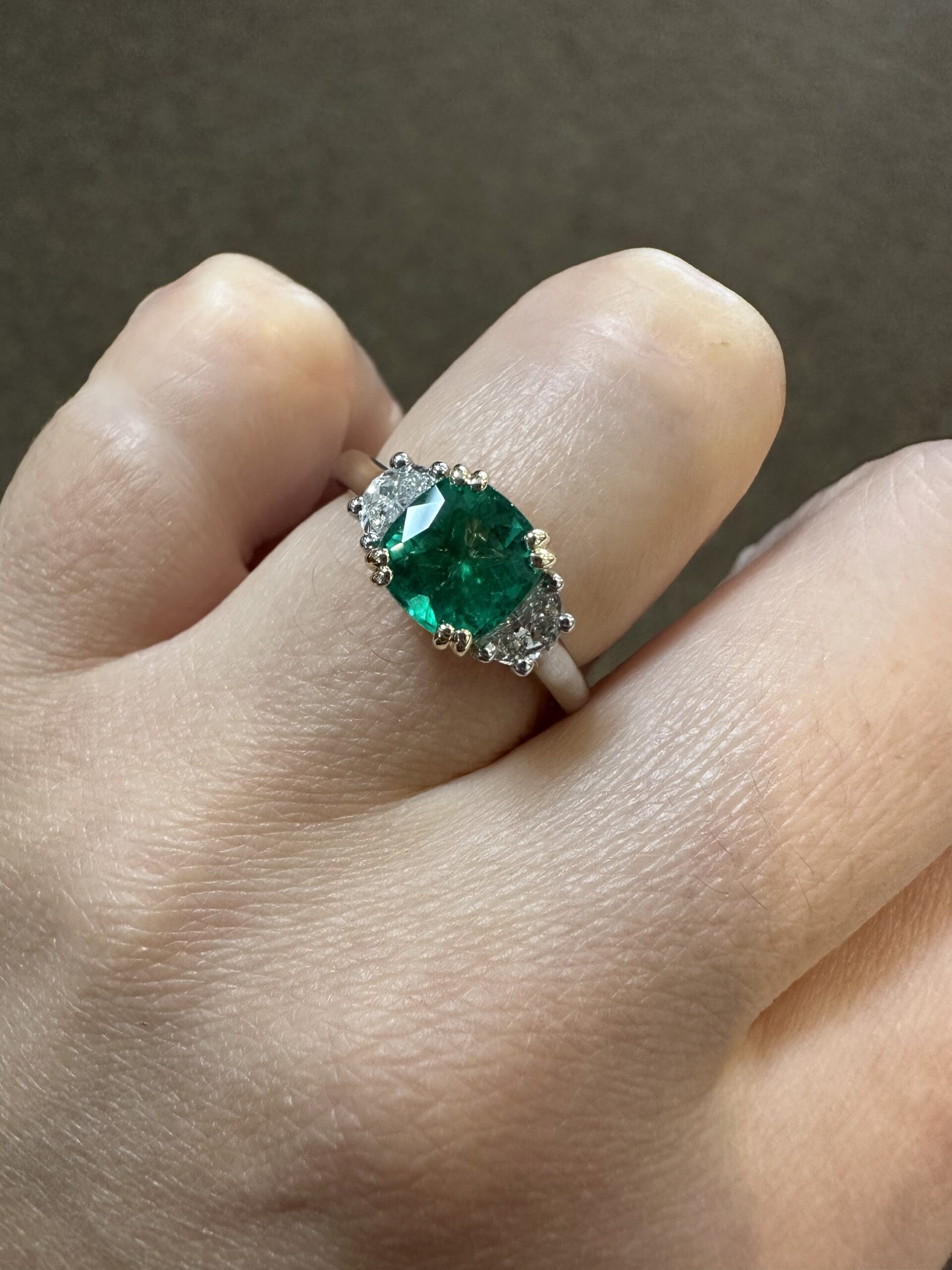 Custom Made Platinum & 14k Yellow Gold Genuine 1.41 Carat Zambian Emerald & Half Moon Diamond Ring - Image 24