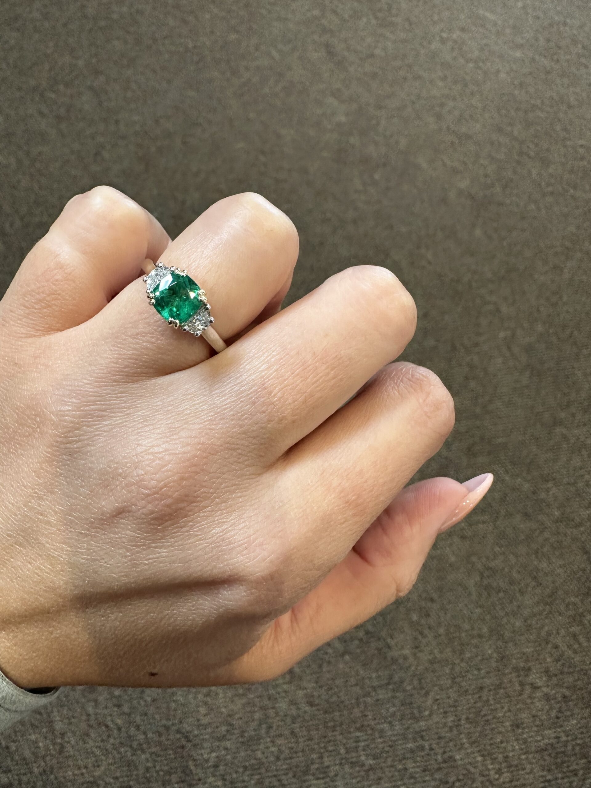 Custom Made Platinum & 14k Yellow Gold Genuine 1.41 Carat Zambian Emerald & Half Moon Diamond Ring - Image 25