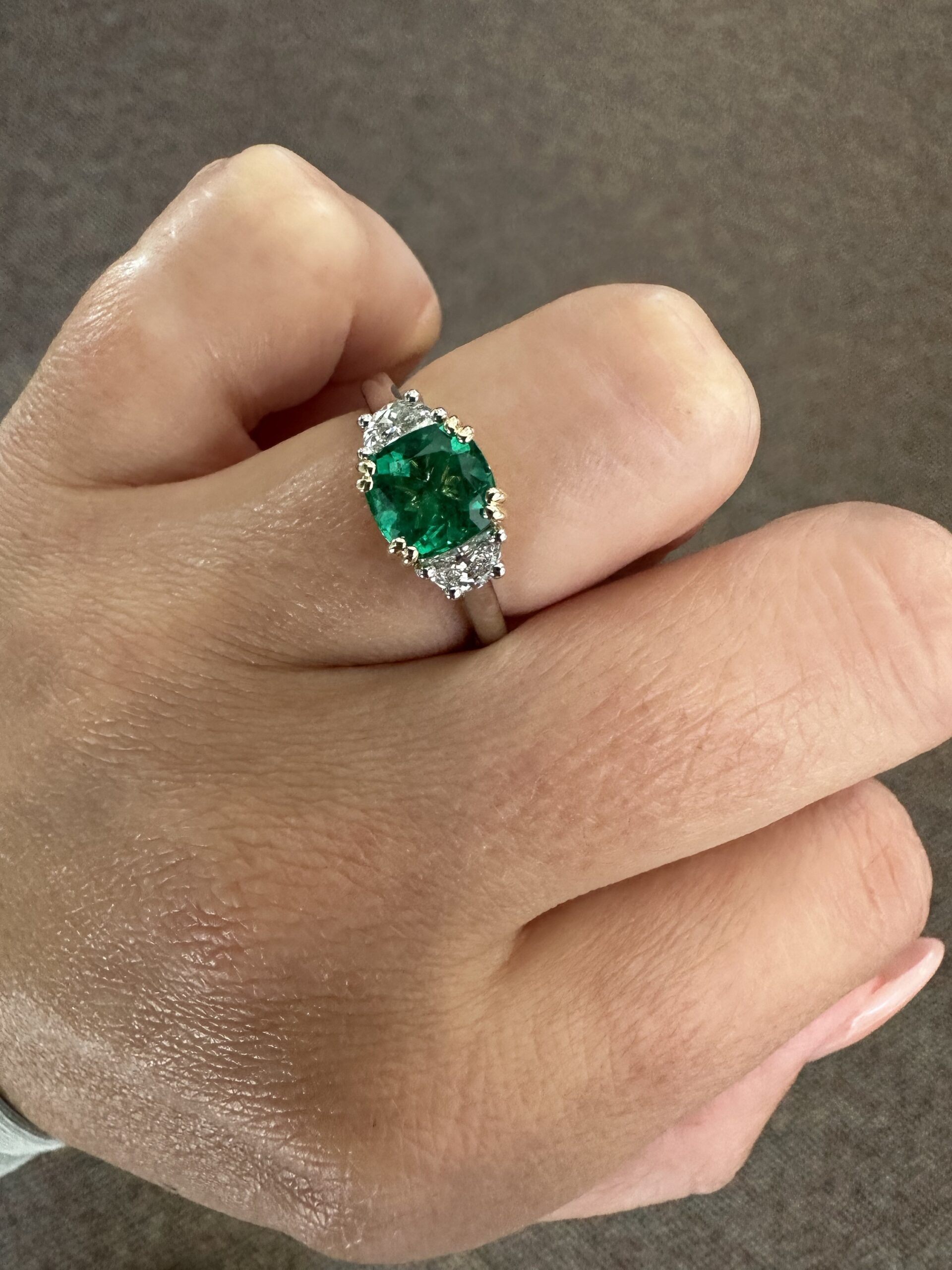 Custom Made Platinum & 14k Yellow Gold Genuine 1.41 Carat Zambian Emerald & Half Moon Diamond Ring - Image 27