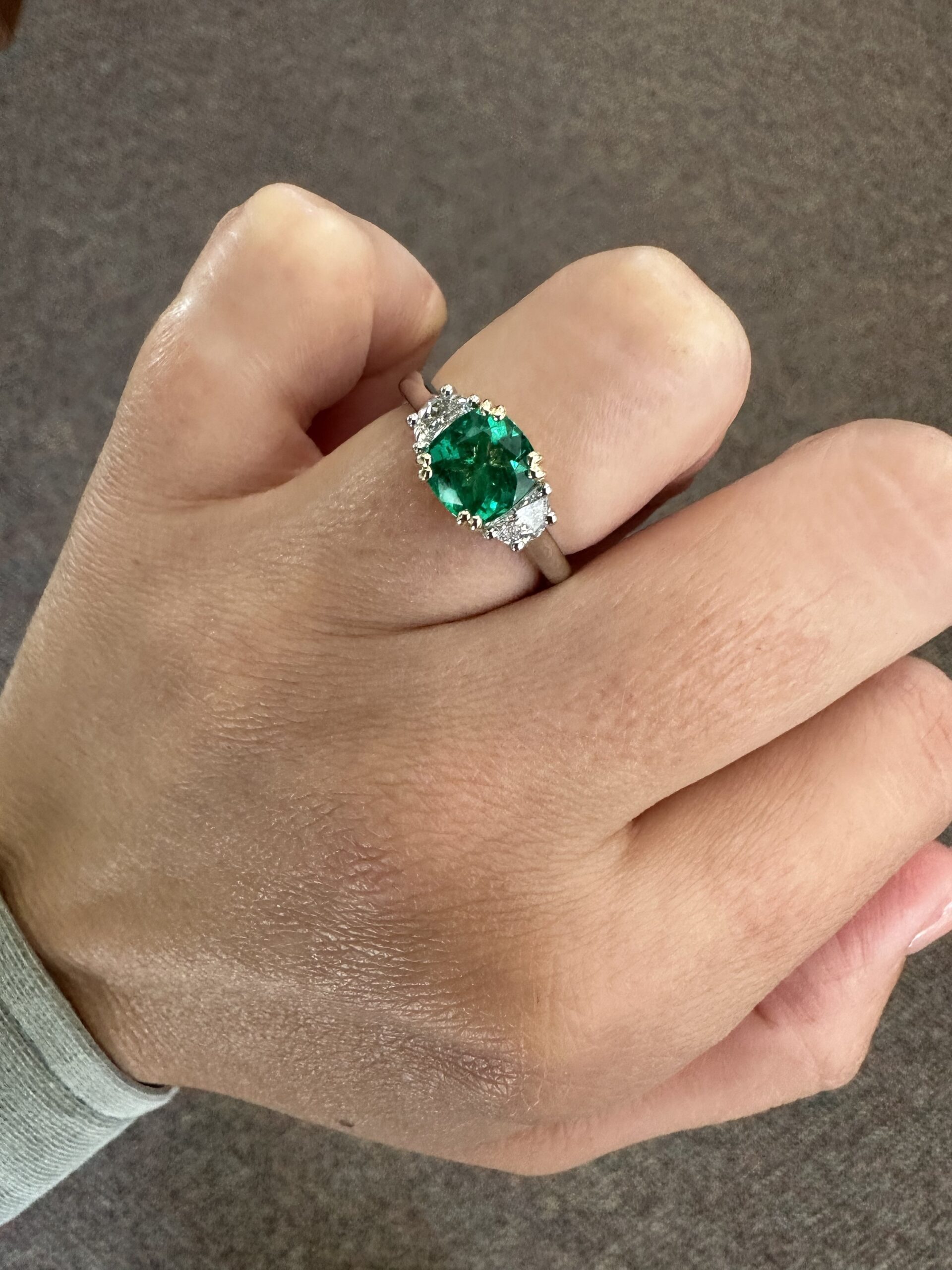 Custom Made Platinum & 14k Yellow Gold Genuine 1.41 Carat Zambian Emerald & Half Moon Diamond Ring - Image 33