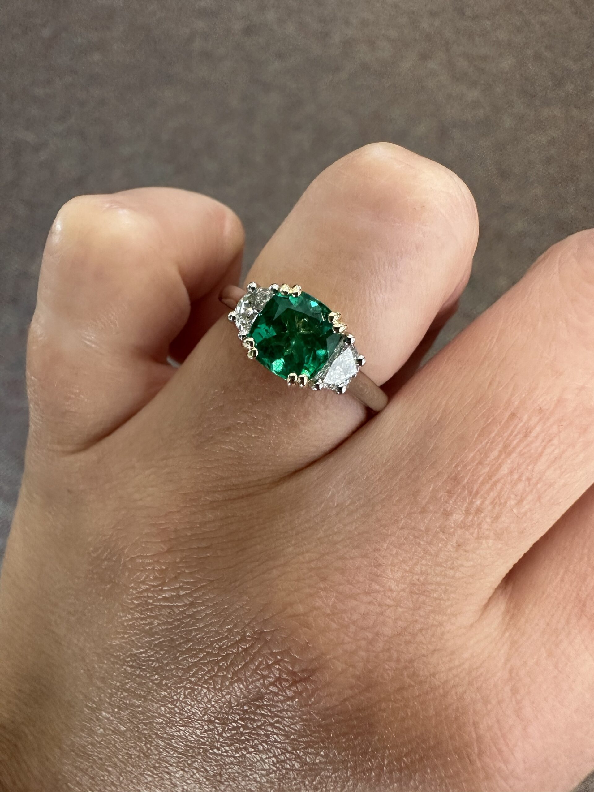 Custom Made Platinum & 14k Yellow Gold Genuine 1.41 Carat Zambian Emerald & Half Moon Diamond Ring - Image 35