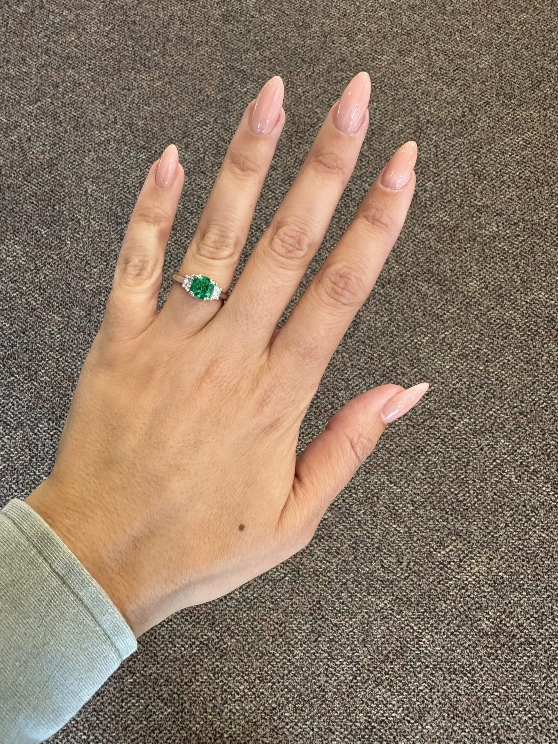 Custom Made Platinum & 14k Yellow Gold Genuine 1.41 Carat Zambian Emerald & Half Moon Diamond Ring - Image 37