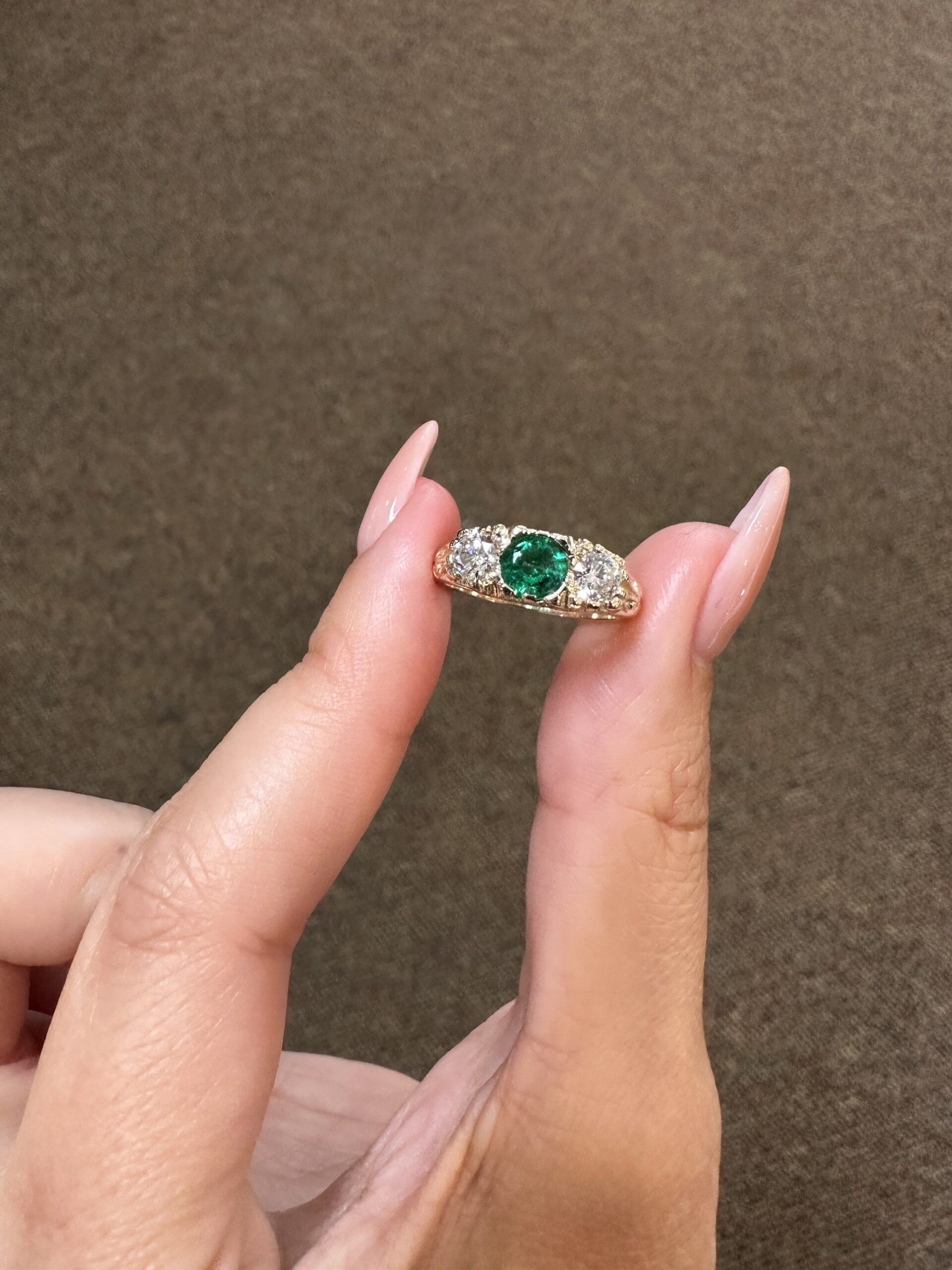 Custom Made 14k Yellow Gold Genuine .49 Carat Zambian Emerald & .50 Cttw Genuine Round Brilliant Cut Diamond Victorian Motif Ring - Image 6