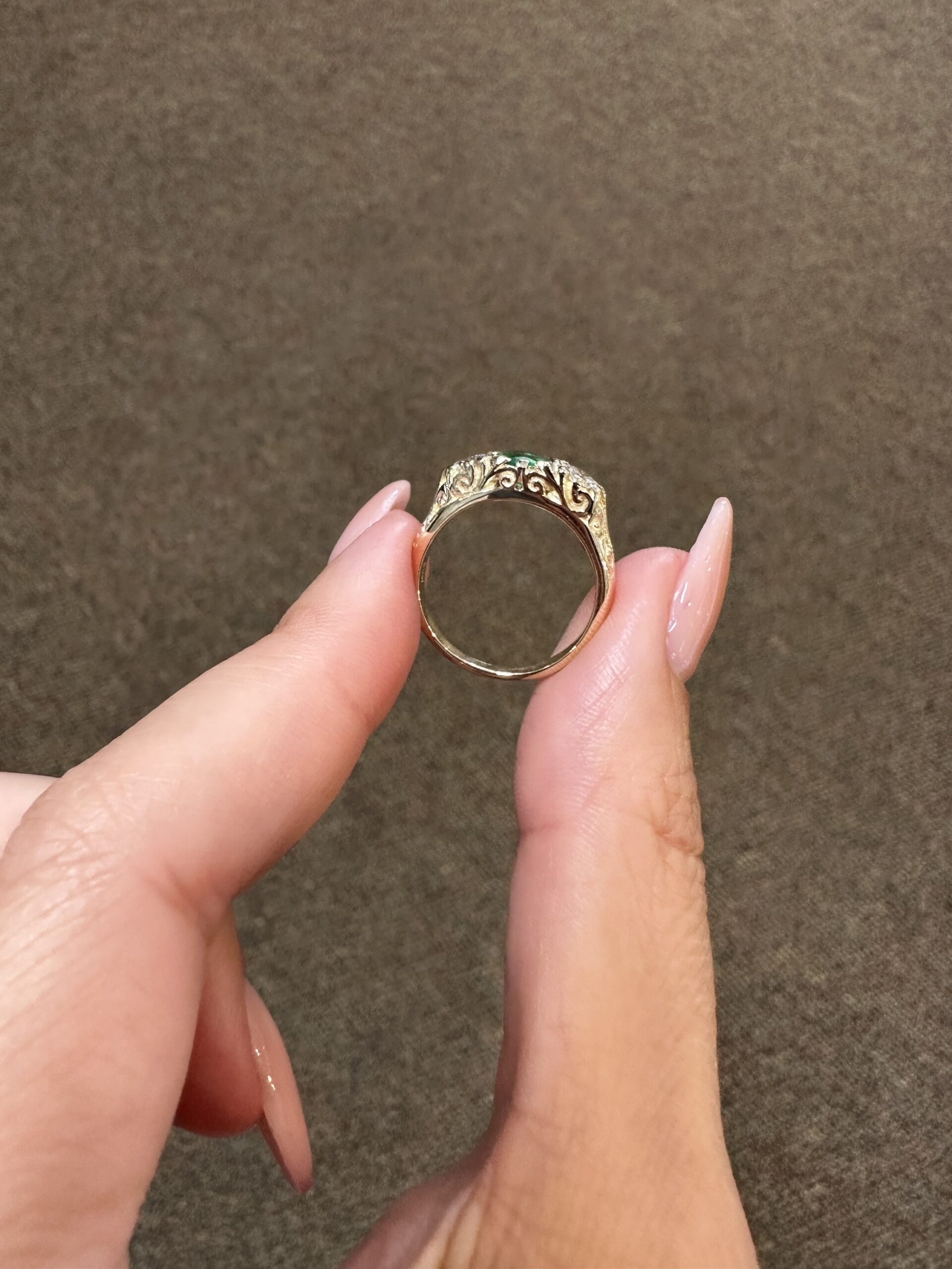 Custom Made 14k Yellow Gold Genuine .49 Carat Zambian Emerald & .50 Cttw Genuine Round Brilliant Cut Diamond Victorian Motif Ring - Image 9