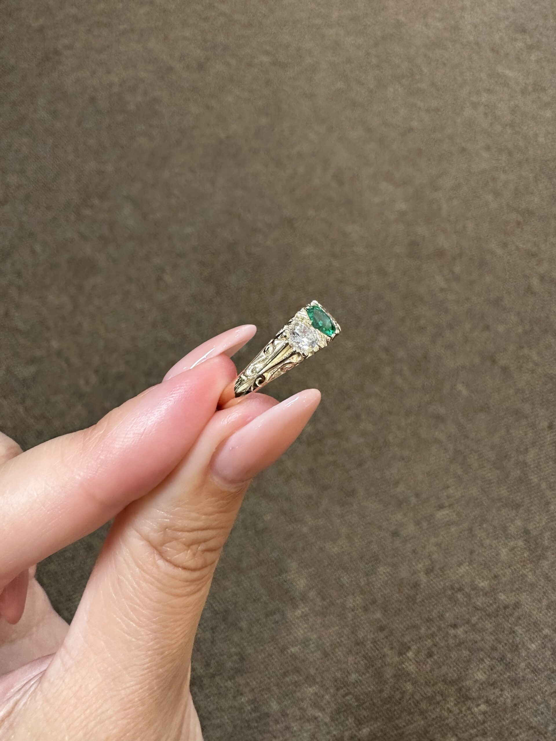 Custom Made 14k Yellow Gold Genuine .49 Carat Zambian Emerald & .50 Cttw Genuine Round Brilliant Cut Diamond Victorian Motif Ring - Image 8