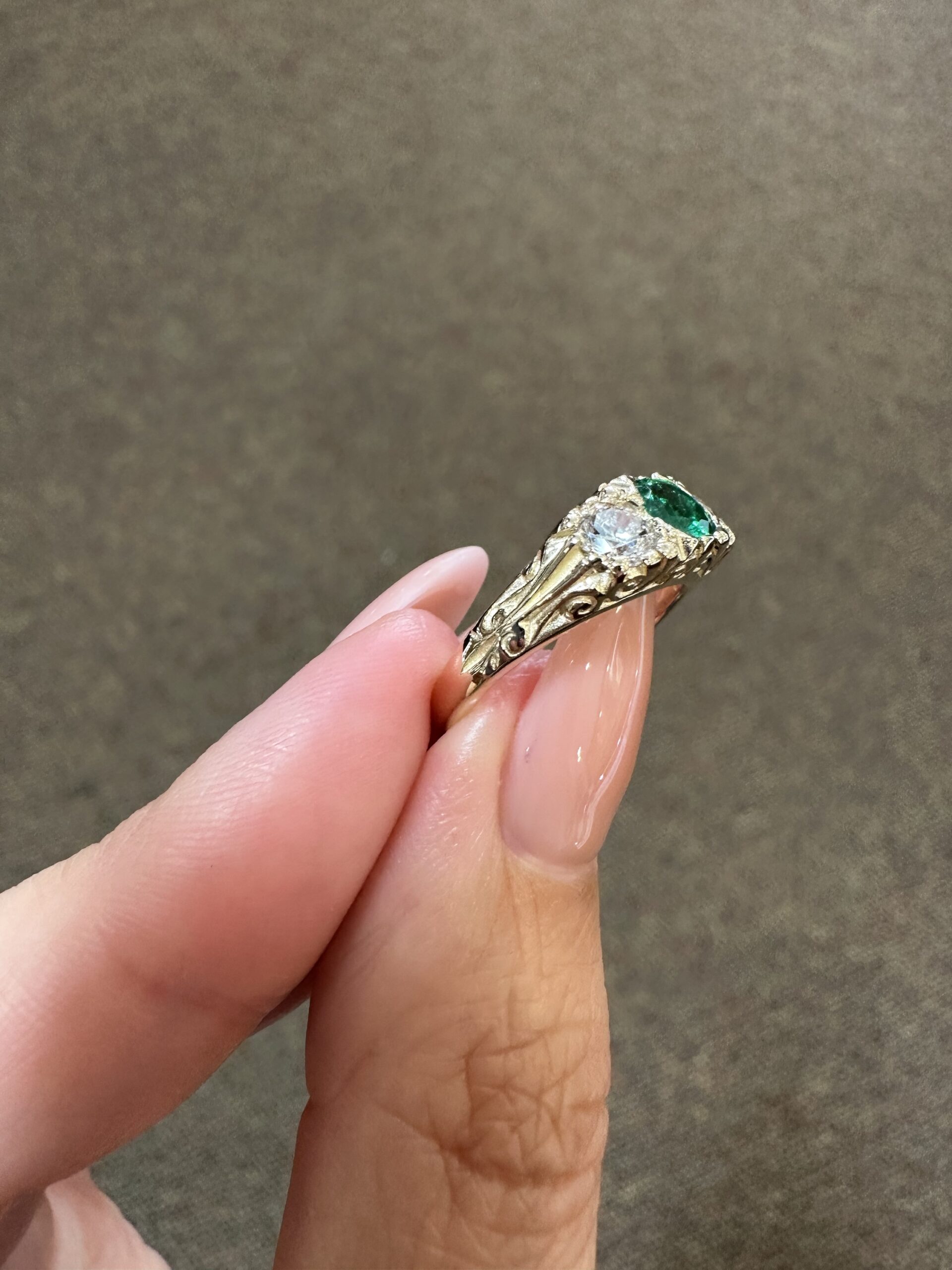 Custom Made 14k Yellow Gold Genuine .49 Carat Zambian Emerald & .50 Cttw Genuine Round Brilliant Cut Diamond Victorian Motif Ring - Image 11
