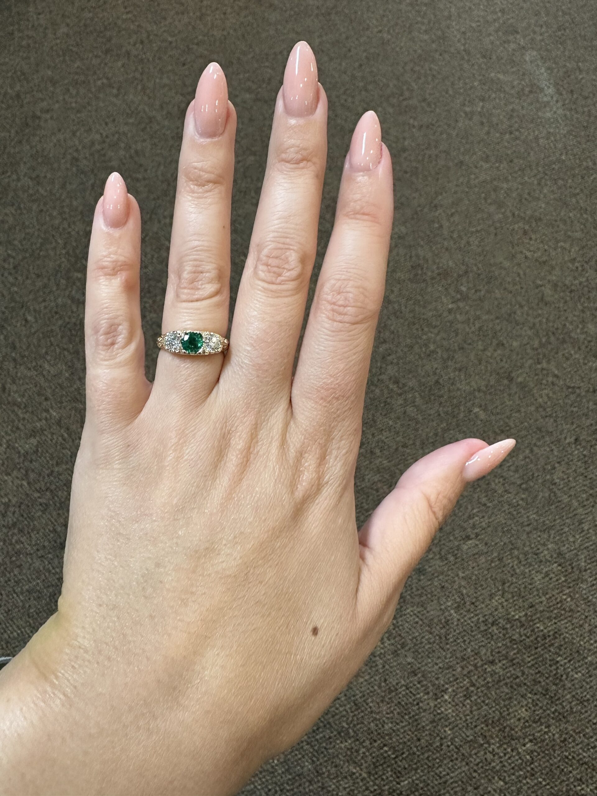 Custom Made 14k Yellow Gold Genuine .49 Carat Zambian Emerald & .50 Cttw Genuine Round Brilliant Cut Diamond Victorian Motif Ring - Image 16