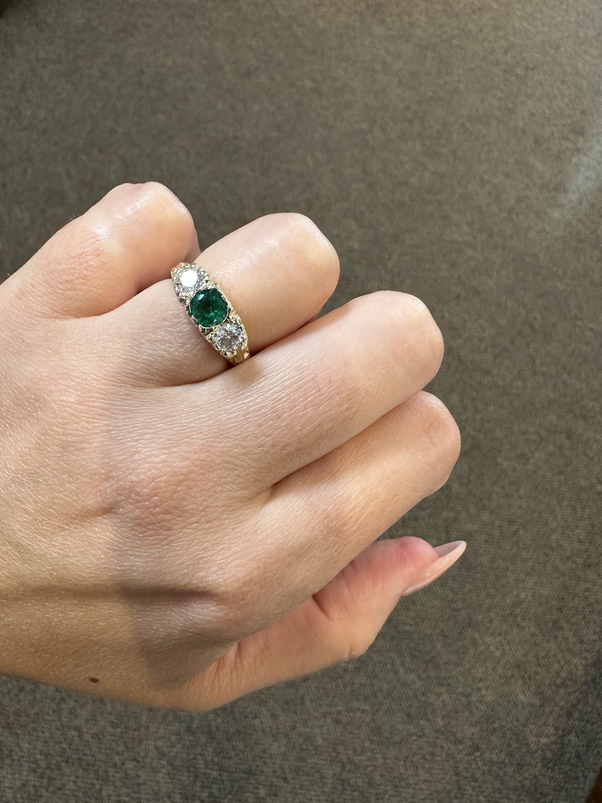 Custom Made 14k Yellow Gold Genuine .49 Carat Zambian Emerald & .50 Cttw Genuine Round Brilliant Cut Diamond Victorian Motif Ring - Image 18