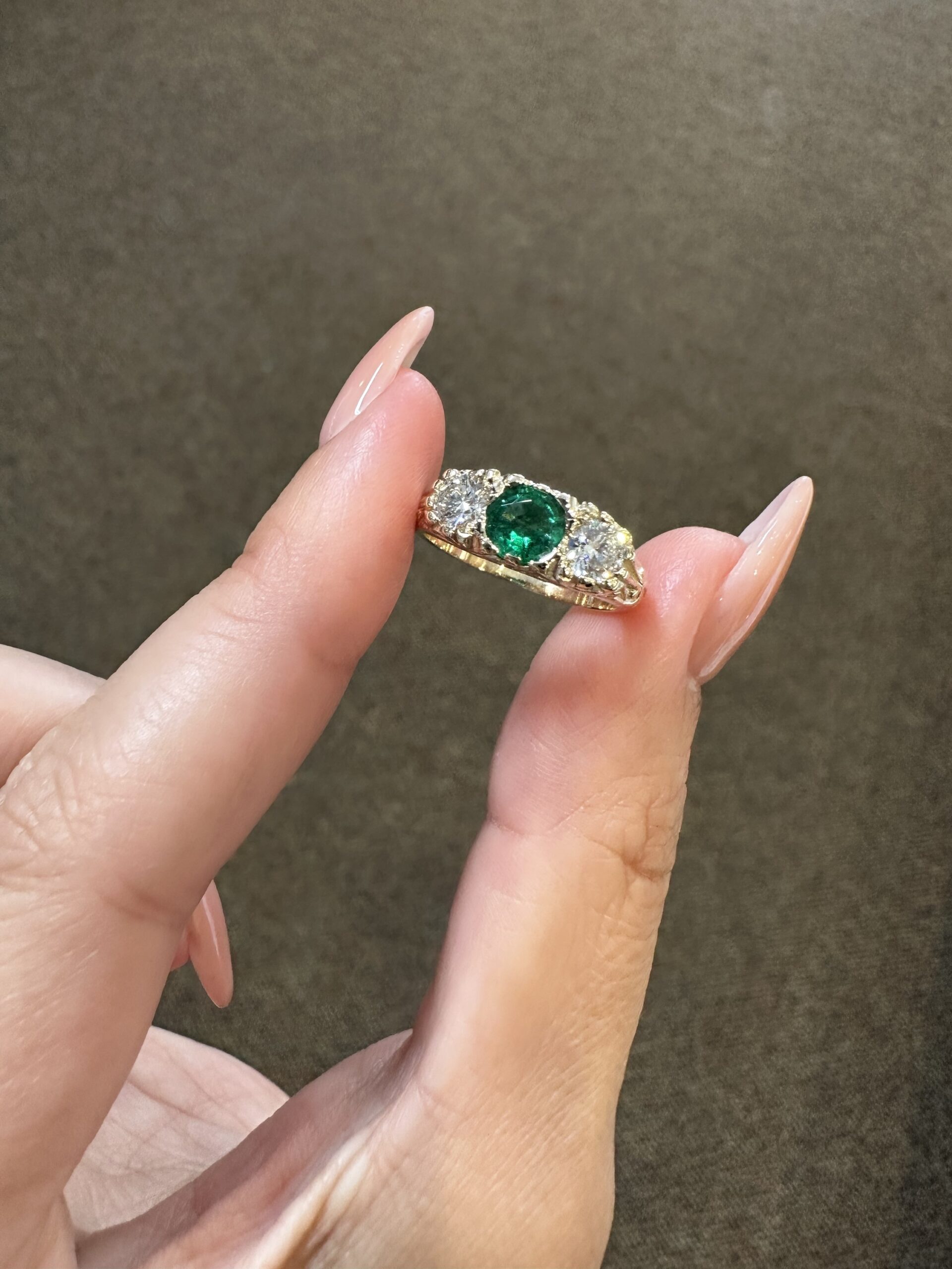 Custom Made 14k Yellow Gold Genuine .49 Carat Zambian Emerald & .50 Cttw Genuine Round Brilliant Cut Diamond Victorian Motif Ring - Image 4