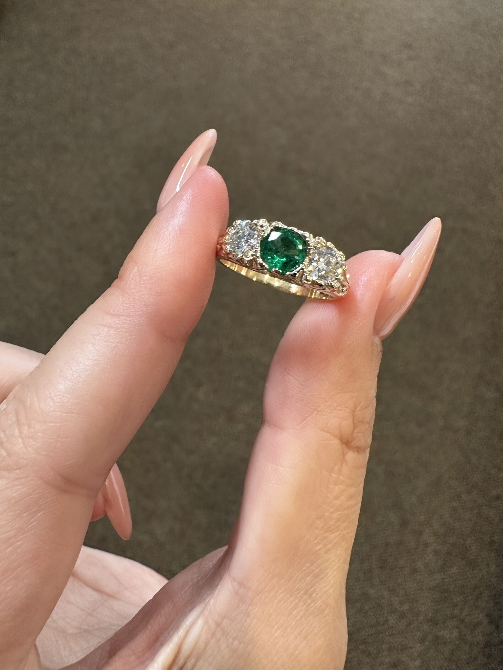 Custom Made 14k Yellow Gold Genuine .49 Carat Zambian Emerald & .50 Cttw Genuine Round Brilliant Cut Diamond Victorian Motif Ring - Image 3