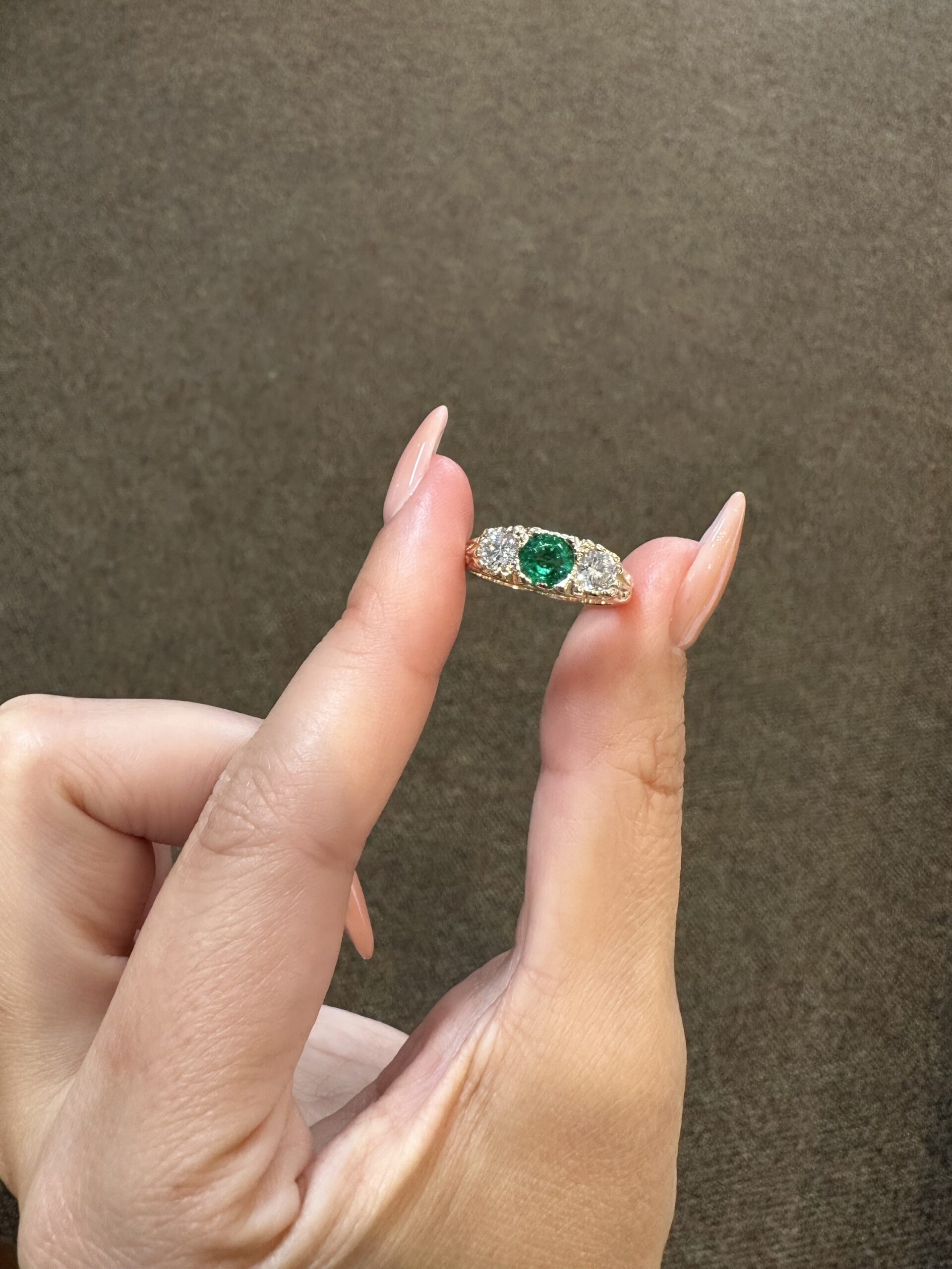 Custom Made 14k Yellow Gold Genuine .49 Carat Zambian Emerald & .50 Cttw Genuine Round Brilliant Cut Diamond Victorian Motif Ring - Image 2