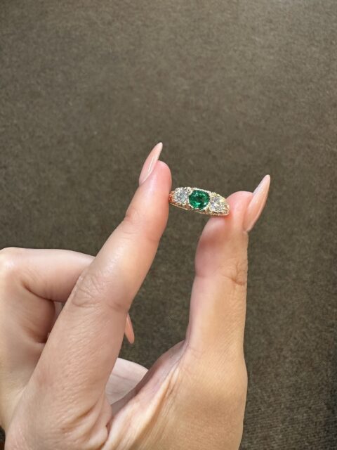 Custom Made 14k Yellow Gold Genuine .49 Carat Zambian Emerald & .50 Cttw Genuine Round Brilliant Cut Diamond Victorian Motif Ring
