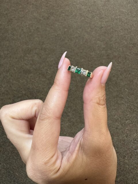 Vintage 14k Yellow Gold Genuine 1/2 Cttw Emerald & .40 Cttw Diamond Band