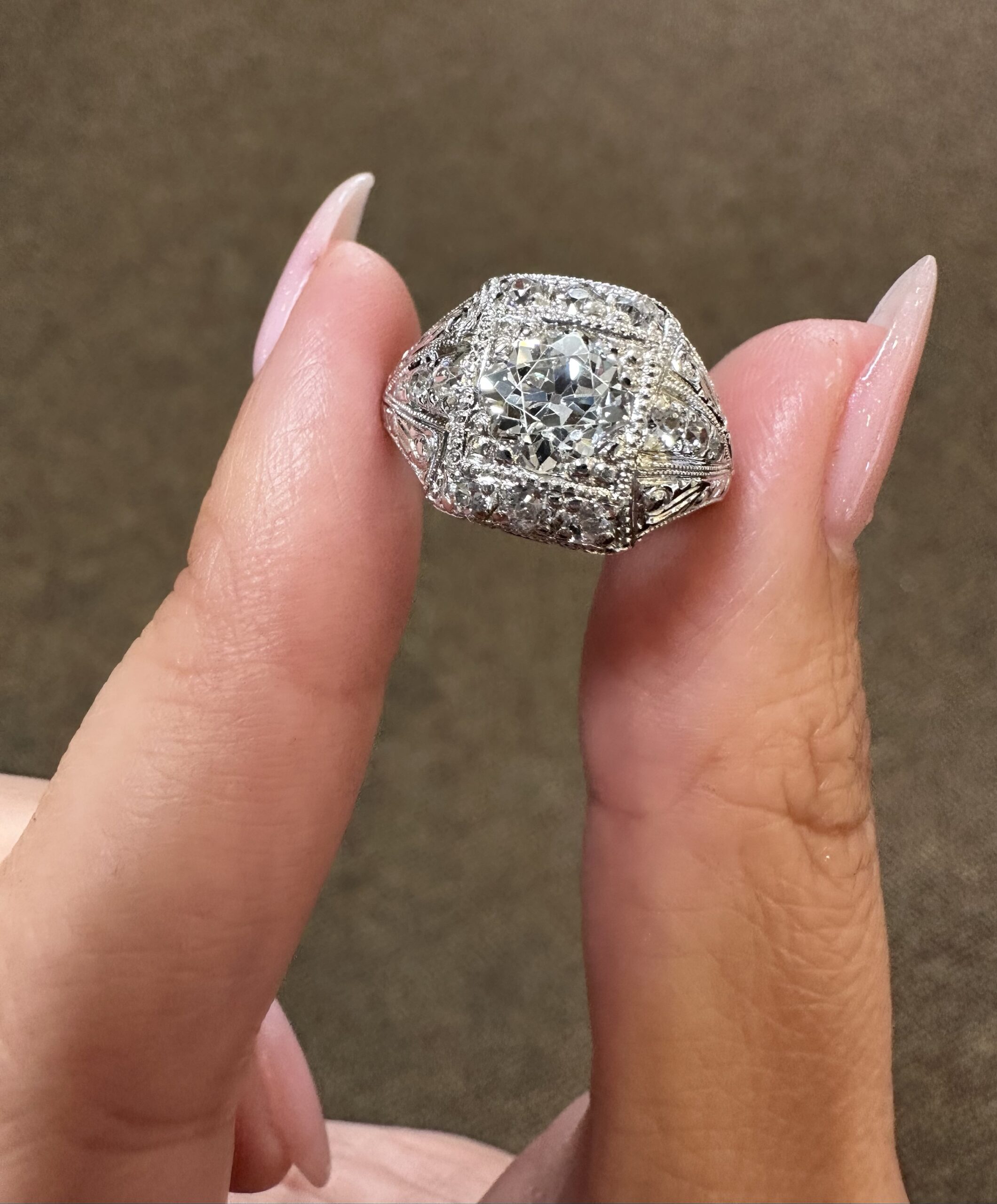 Platinum Antique 1.30 Carat Genuine Old European Cut Diamond Hand-Engraved Ring - Image 2