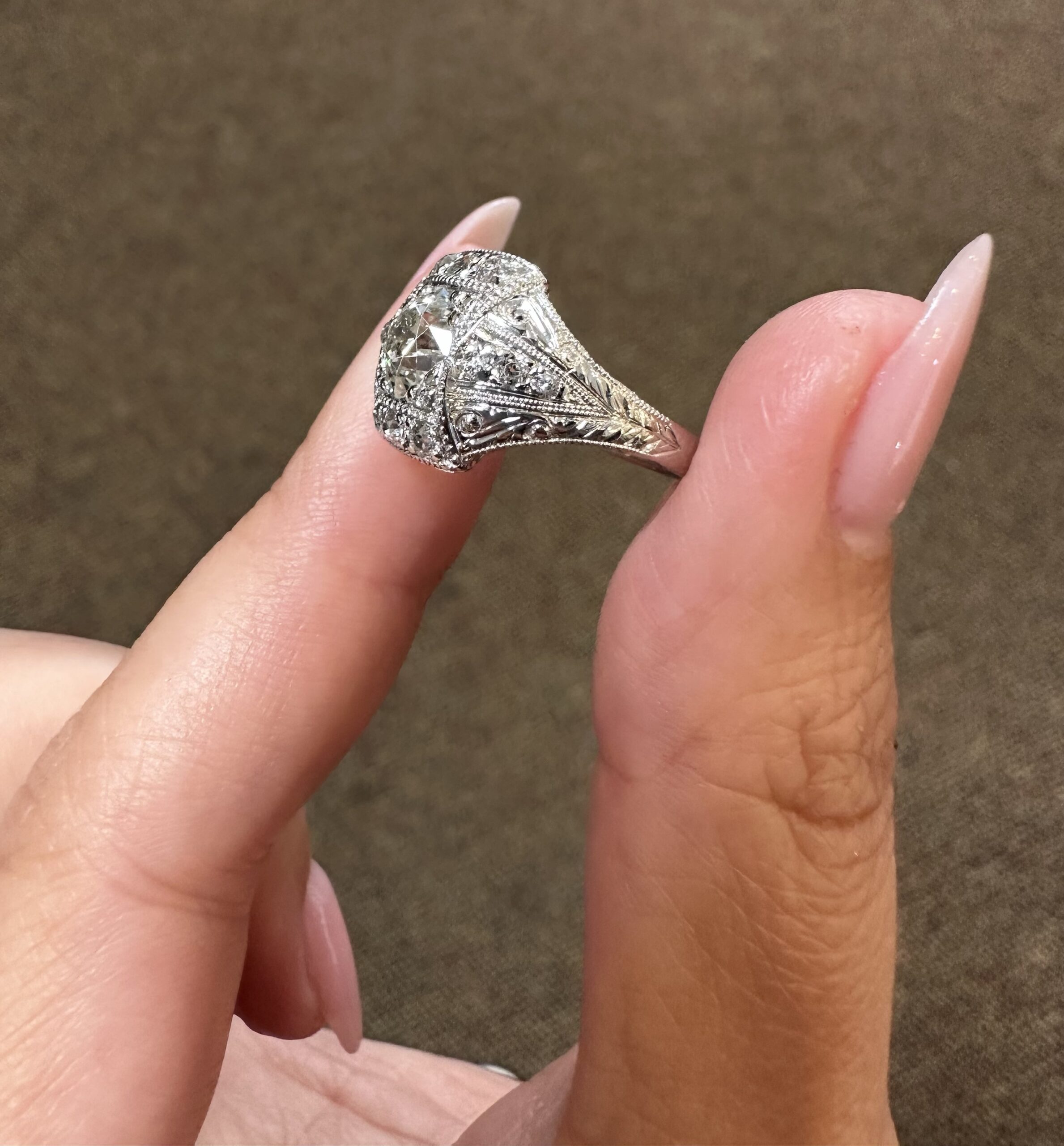 Platinum Antique 1.30 Carat Genuine Old European Cut Diamond Hand-Engraved Ring - Image 3