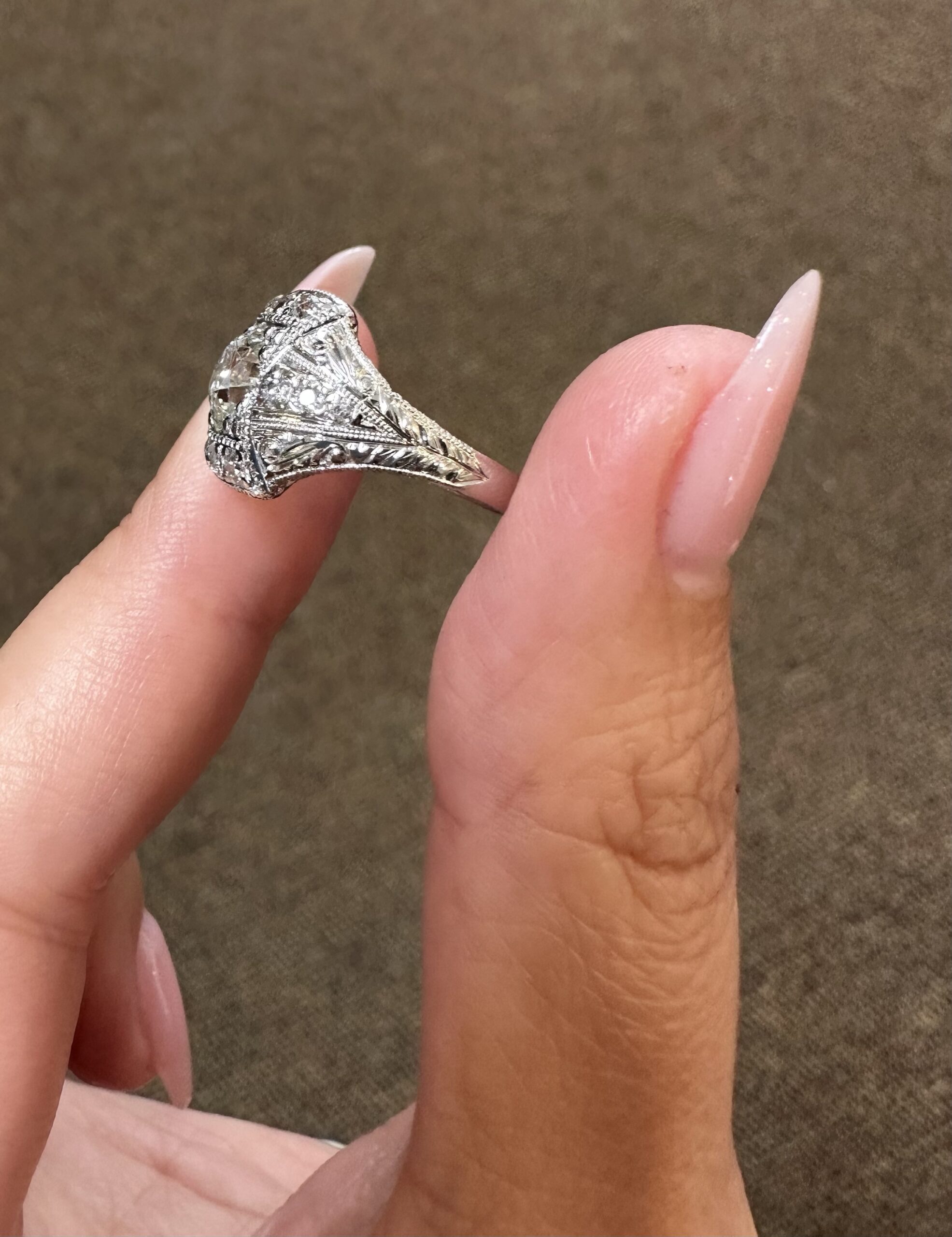 Platinum Antique 1.30 Carat Genuine Old European Cut Diamond Hand-Engraved Ring - Image 4